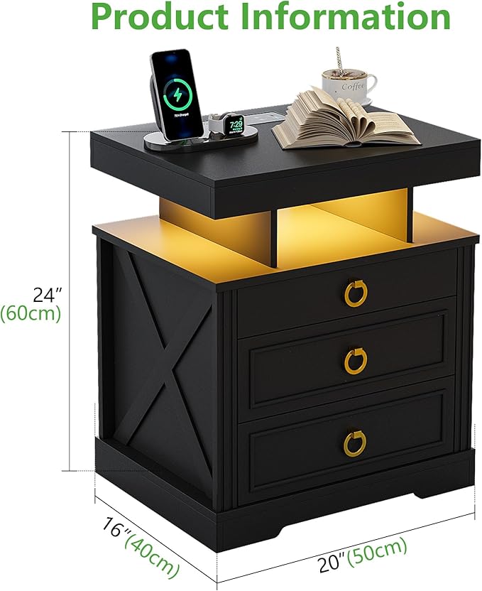 HNEBC Night Stand Set 2 with Gun Drawers, Farmhouse Nightstand with Charging