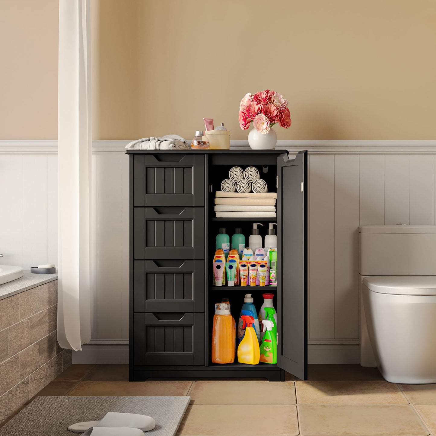 Gizoon Small Pantry Cabinet with Door and Shelves, 33'' Kitchen Pantry Cabinet Freestanding Wooden Bathroom Storage Cabinet with 4 Drawers for Kitchen and Dining Room, Black, Painted