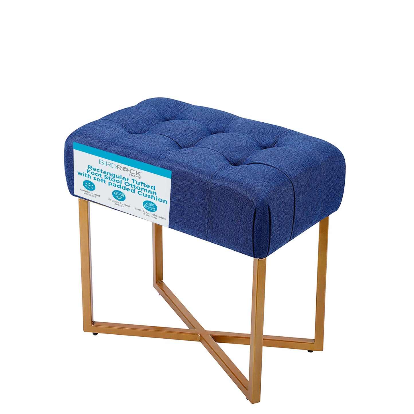 BIRDROCK HOME Rectangle Tufted Linen Ottoman Foot Rest - 19.7x11.82x17.73” Small Foot Stool with Legs - Padded Footrest Modern Ottomans for Living Room Furniture, Bedroom Footstool (Blue)