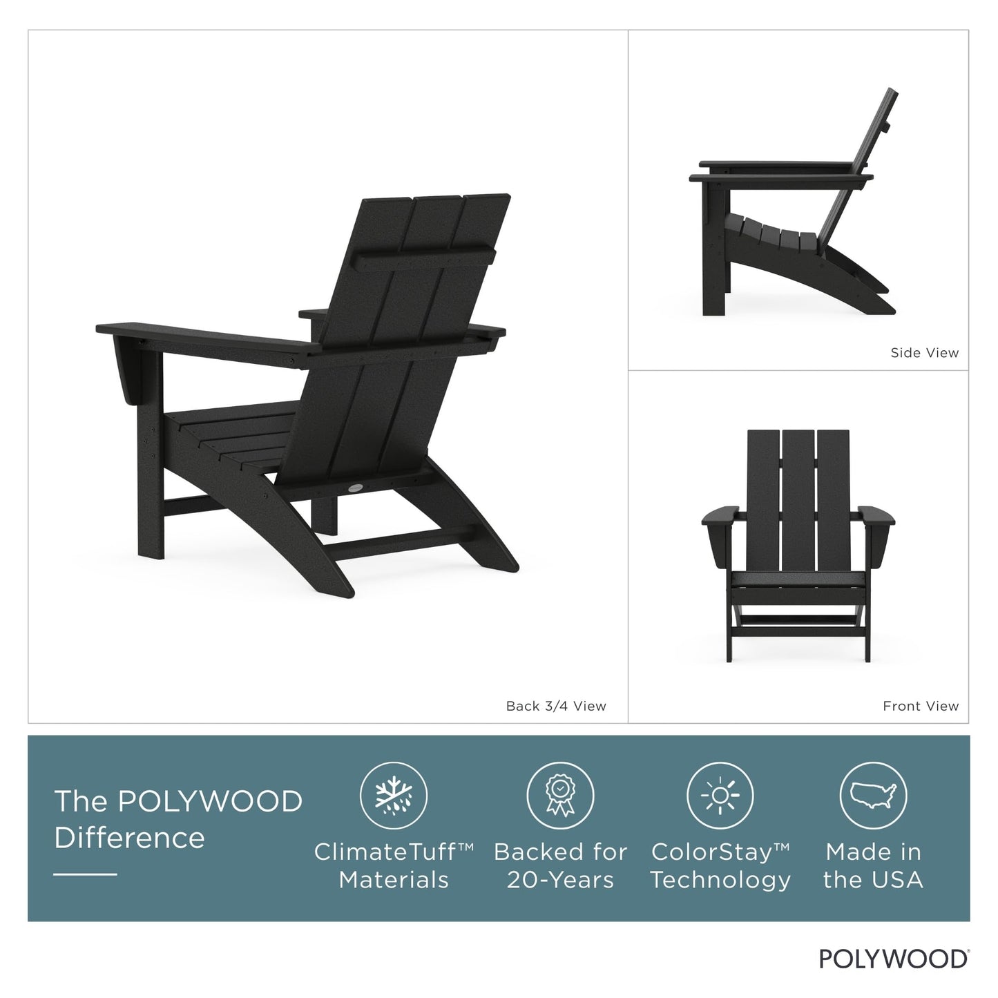 POLYWOOD Modern Adirondack Chair – All-Weather Outdoor Lawn Adirondack Chairs – HDPE, Fade-Resistant & Durable Outdoor Furniture – For Patio, Deck & Fire Pit Chairs – Black
