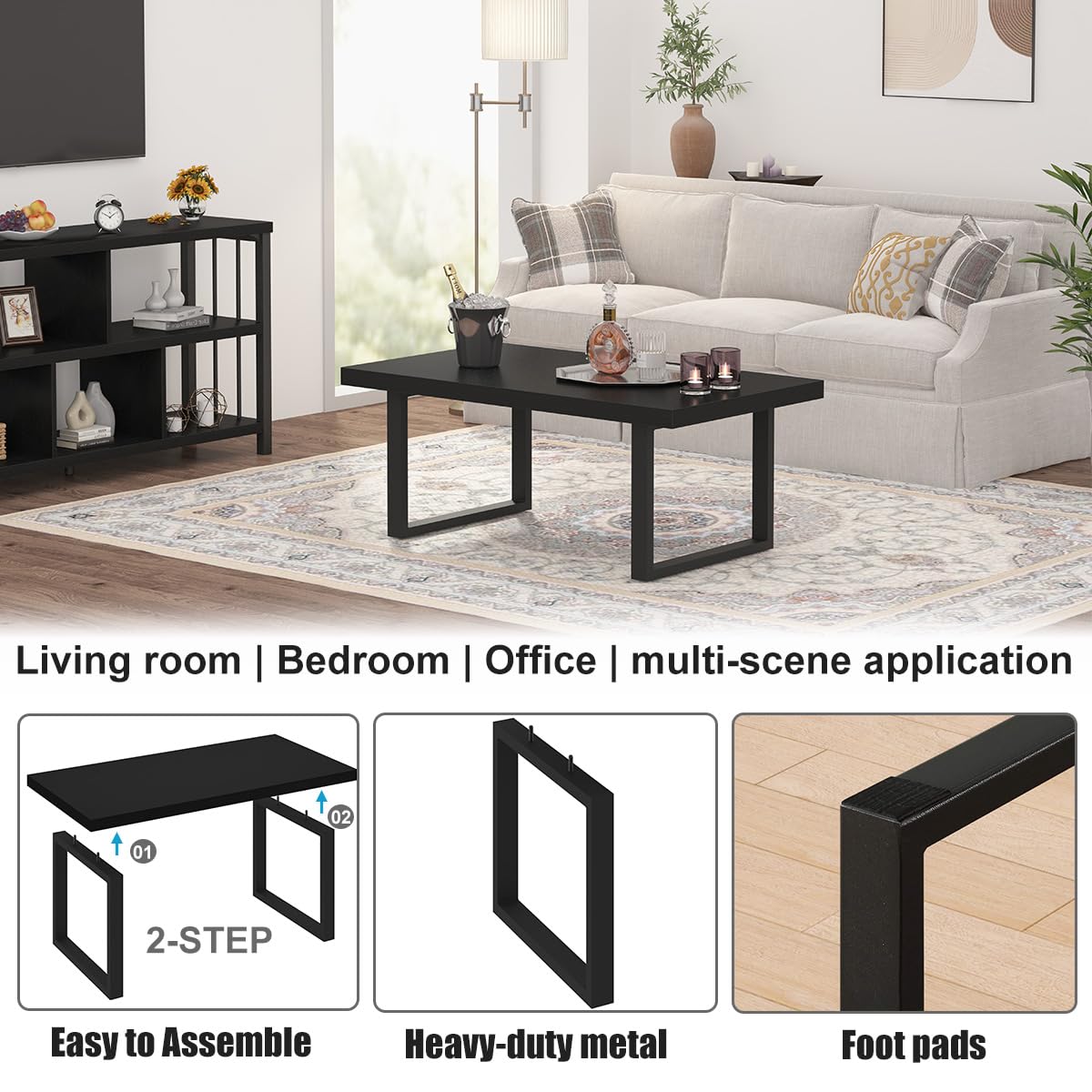 IBF Black Coffee Table, Minimalist Industrial Wooden Center Table, Modern Simple Rectangle Living Room Table, Farmhouse Wood and Metal Cocktail Coffee Table for Home Bedroom Office, Black Oak, 39 inch