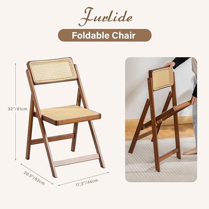 Furlide Rattan Folding Chairs, Modern Mid Century Dining Chairs Set of 2