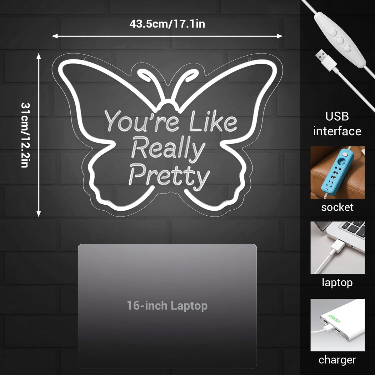 LMHSE You're Like Really Pretty Neon Sign, LED Neon Signs for Wall Decor Dimmable Aesthetic Butterfly Room Decor for Teen Girl, Bedroom, Wedding Decor, Gift for Birthday, Christmas (White)