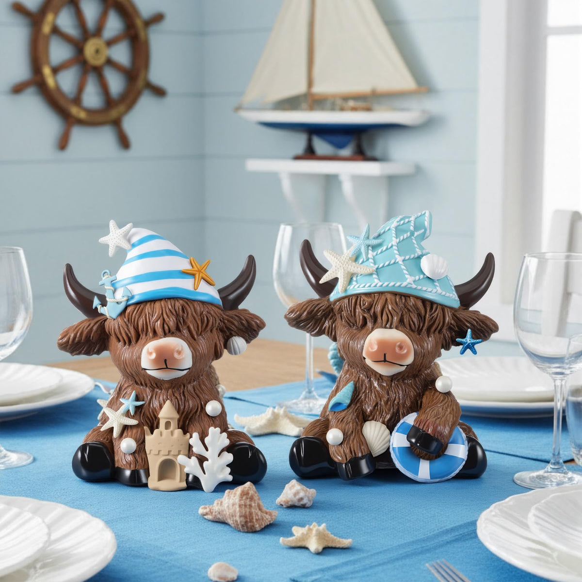Karenhi 2 Pcs Coastal Farmhouse Home Decor, Summer Ocean Highland Cow Figurines with Anchor, Starfish, Shell and Coral, Nautical Beach Figurines for Home Table Shelf Decoration