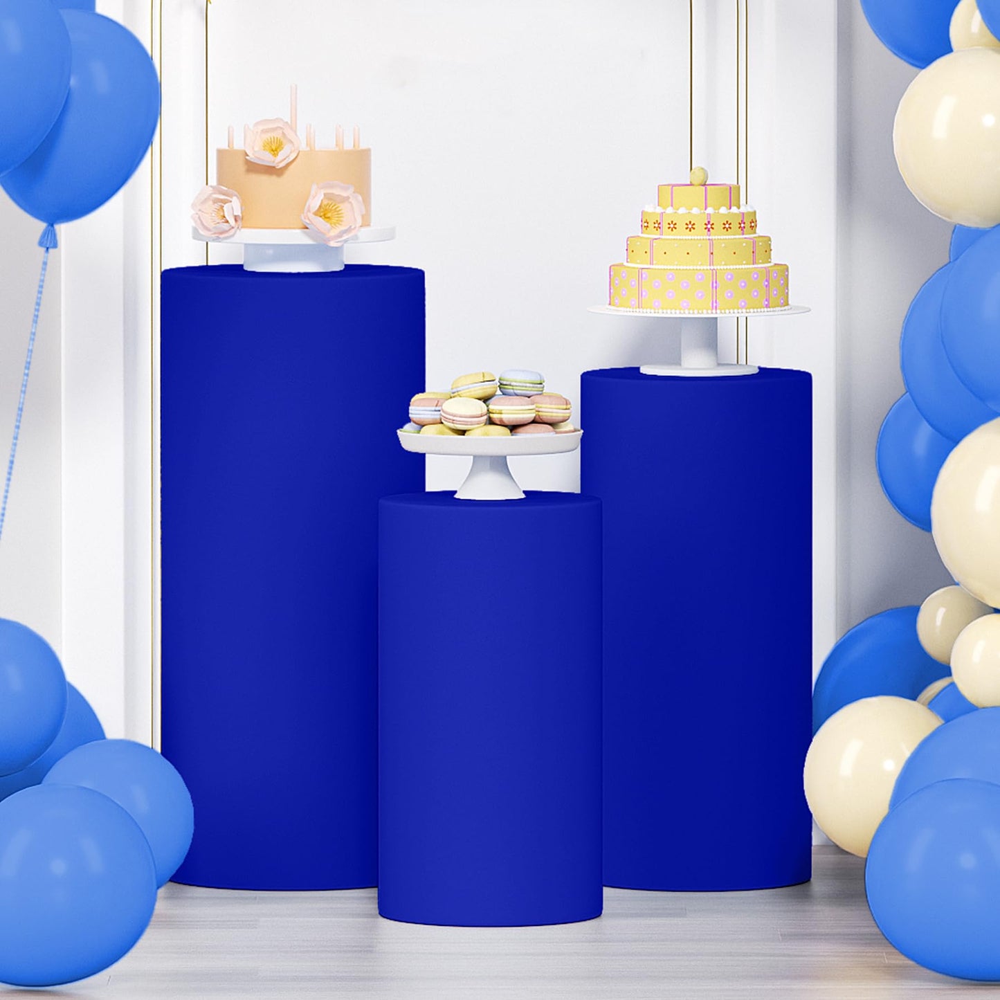 LEBENGURU 3Pcs Cylinder Pedestal Stand Covers Royal Blue, Round Spandex Display Pedestal Covers, Elastic Cloth Plinth Pillar Cover for Parties Wedding Birthday Event Decor Props (Only Covers)