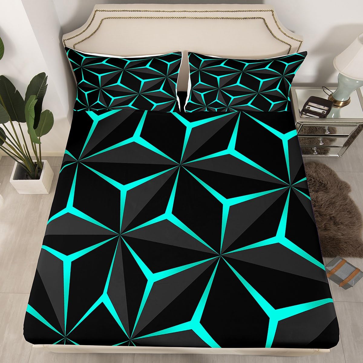Feelyou Neon Honeycomb Sheet Set Twin Size,Geometric Stereoscopic Theme Teens Boys Bedding Set,Adults Bedroom Decoration 3D Teal Print Fitted Sheet All Season