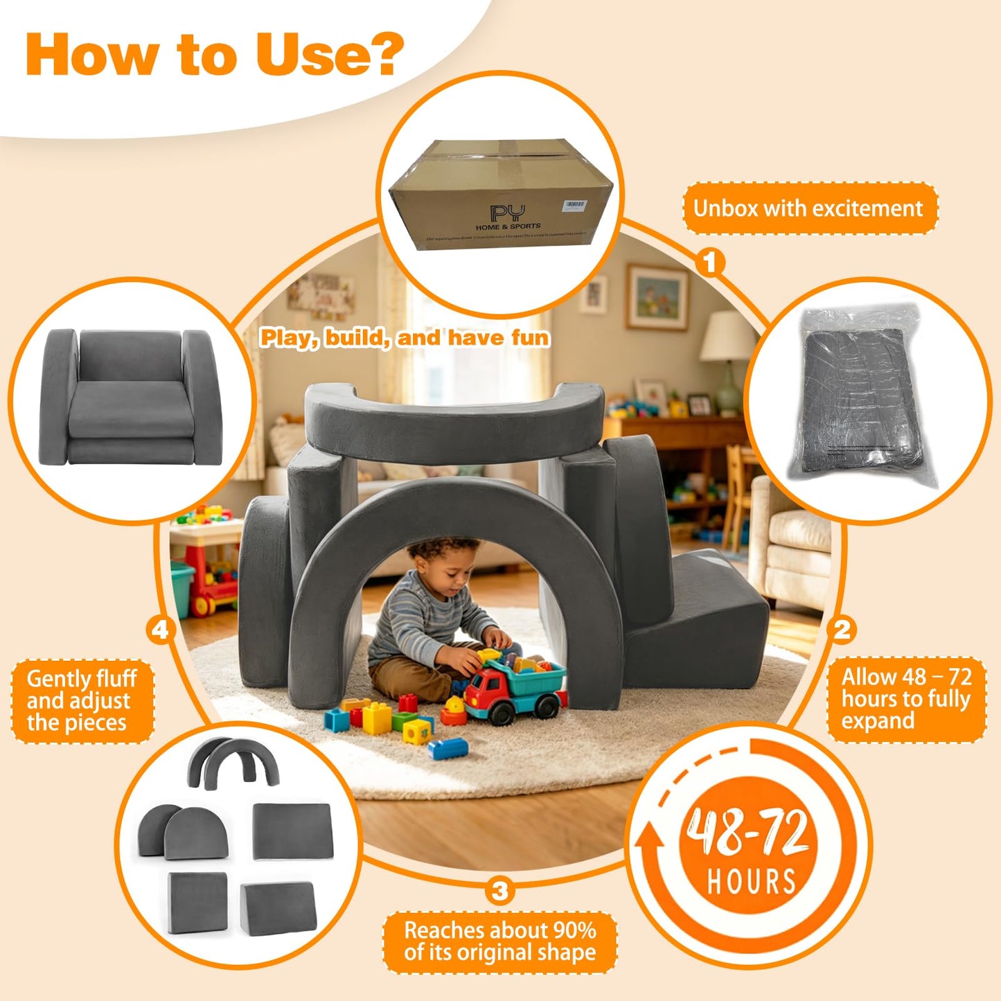 PY HOME & SPORTS Kids Modular Sofa Play Set, 7-Piece Creative Foam Couch for Children, Soft Coral Fleece, Multiple Configurations, Improves Hands-On Skills & Imagination, Compressed Packaging
