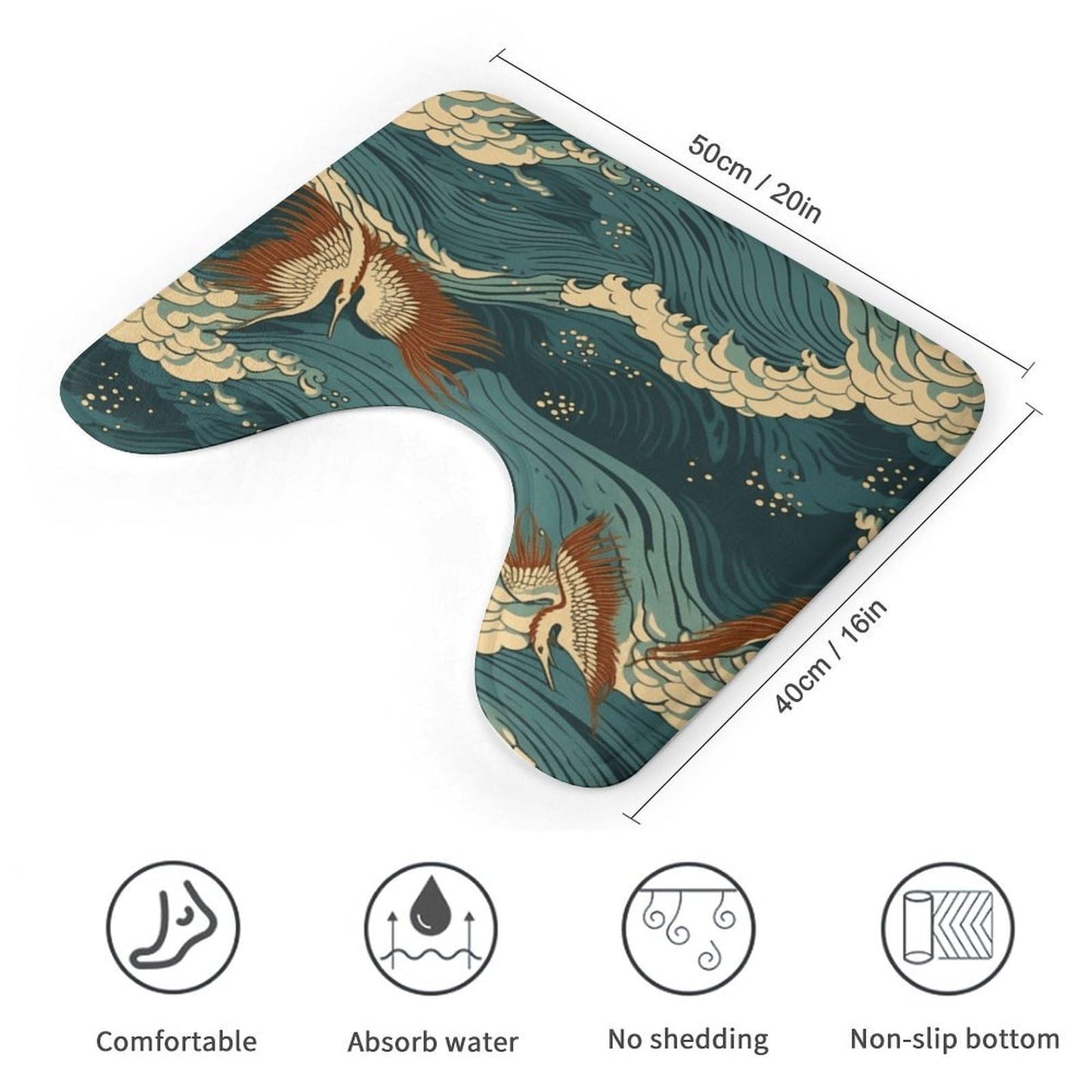 VstaDank Japan Wave Wallpapers Toilet Rug U-Shaped Toilet Bath Mat Extra Soft Absorbent Contour Bathroom Rug Plush Ultra Thin Toilet Mat Non-Slip Bath Mat for Guest Room Bathroom 16x20