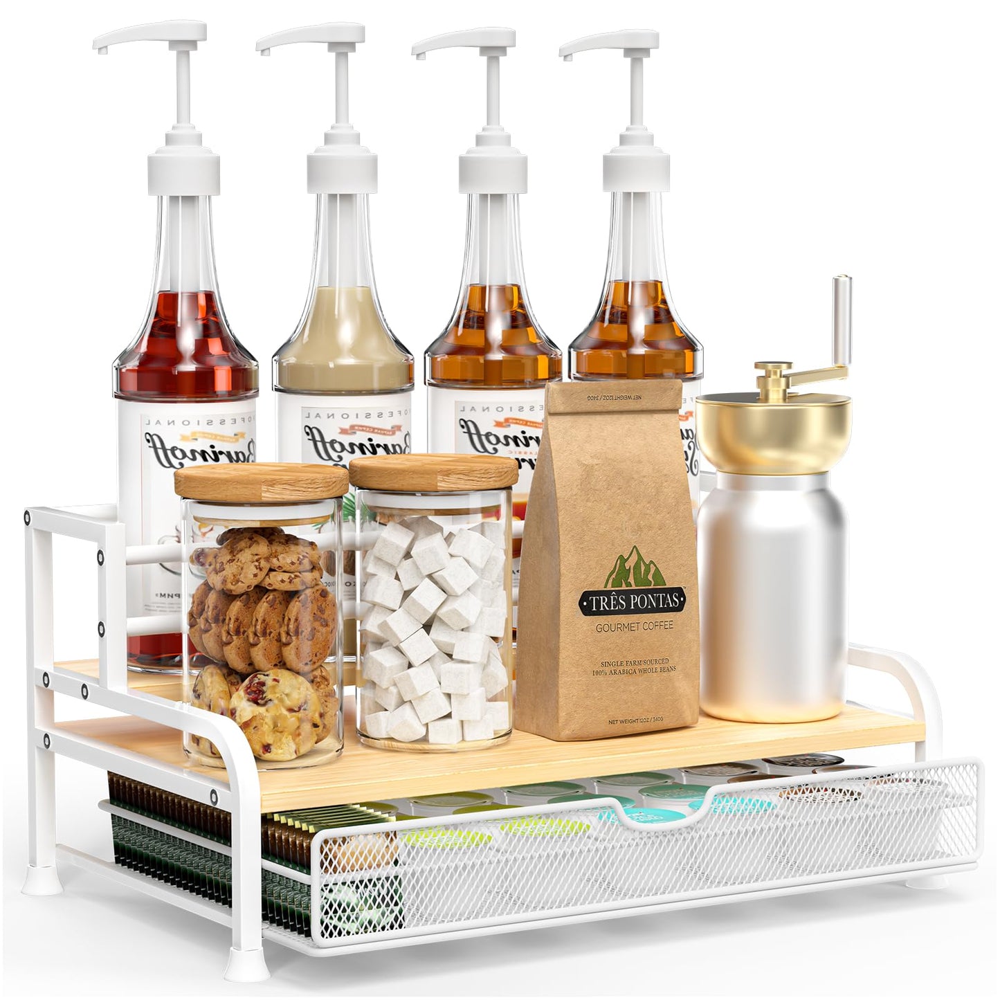 Coffee Syrup Rack Organizer, 3-Tier 8 Bottles Syrup Rack with 35 K Cup Storage Basket for Coffee Bar, Countertop Bottle Holder Stand for Wine, Dressing for Kitchen Cafe Station- White