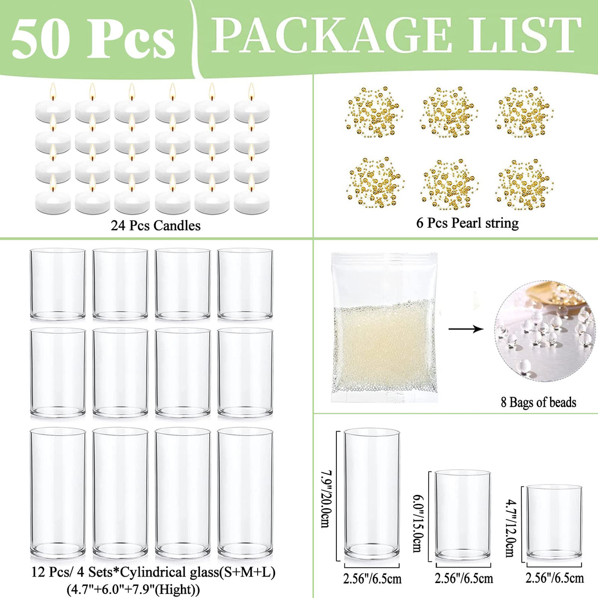 UDU 12 Set Glass Vases for Centerpieces with 24 White Floating Candles 80000 Vase Filler 6 Pearl String Party Event Home Wedding Centerpieces for Tables Decorations
