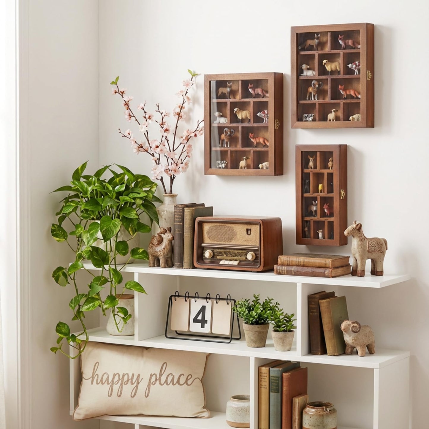 DoubleFill Wooden Trinket Display Shelf Shadow Box with Shelves Large Wall Mounted Display Storage Mini Figures Curio Trinket Medals Crafts Collections(Brown)