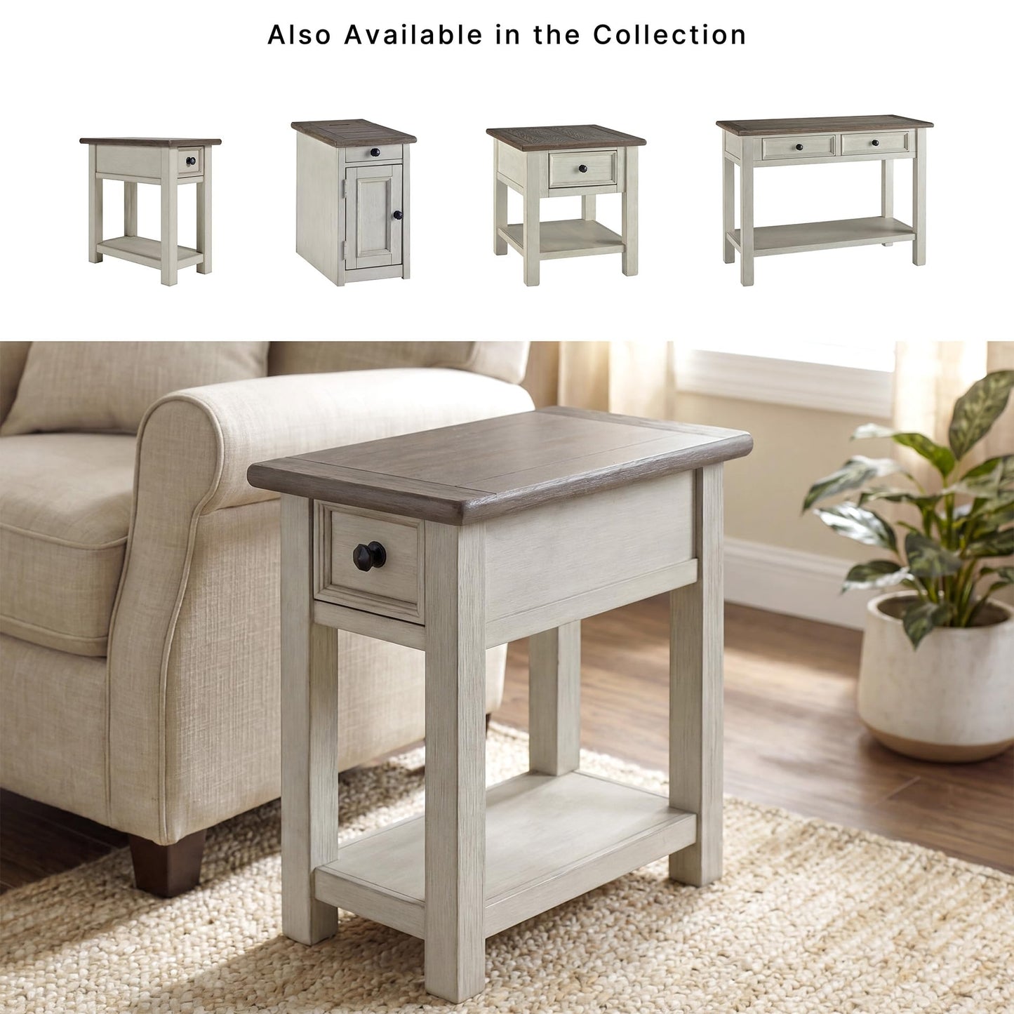 Signature Design by Ashley Bolanburg Chairside End Table With Charging Station, Two-Tone Wood Accent Table With Drawer Storage, Plank Top Design for Living Room or Bedroom, Antique White