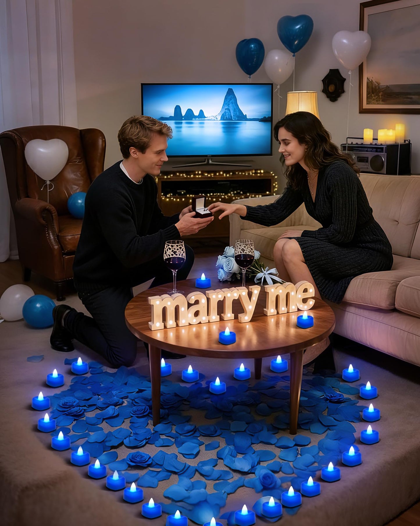 Amagic 1000 Pieces Blue Artificial Rose Petals with 12 Blue Heart LED Tea Lights, Rose Petals, and Candles Set for Proposal, Anniversary, Romantic Night, Wedding Decor