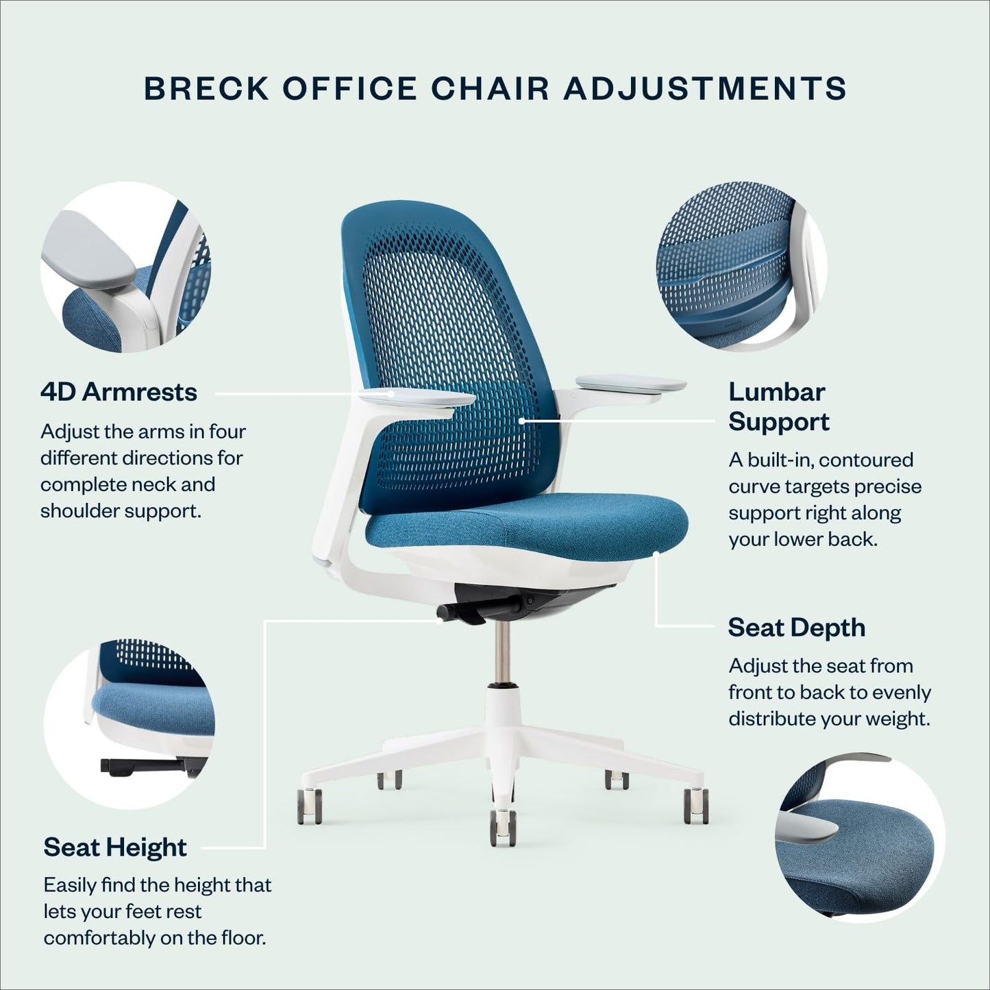 Haworth Breck Office Chair - Ergonomic Desk Seat with Height-Adjustable Lumbar Support, White Trim, Duo-Tone Hard Casters, and 4D-Arms (Blush)