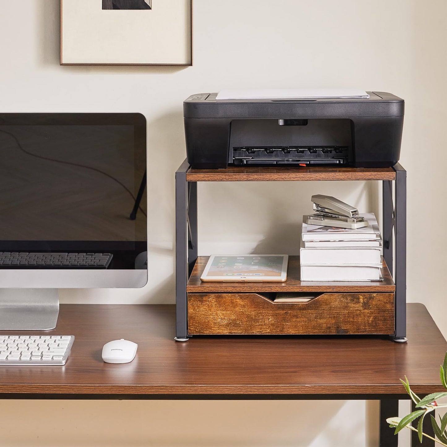 IBUYKE 2 Tier Desktop Printer Stand,Multi-Purpose Desk Organizer,Wooden Printer Stand with Drawer Storage for Folders,Books,for Fax Machine, Scanner,Home Office,Rustic Brown UTLJ006H