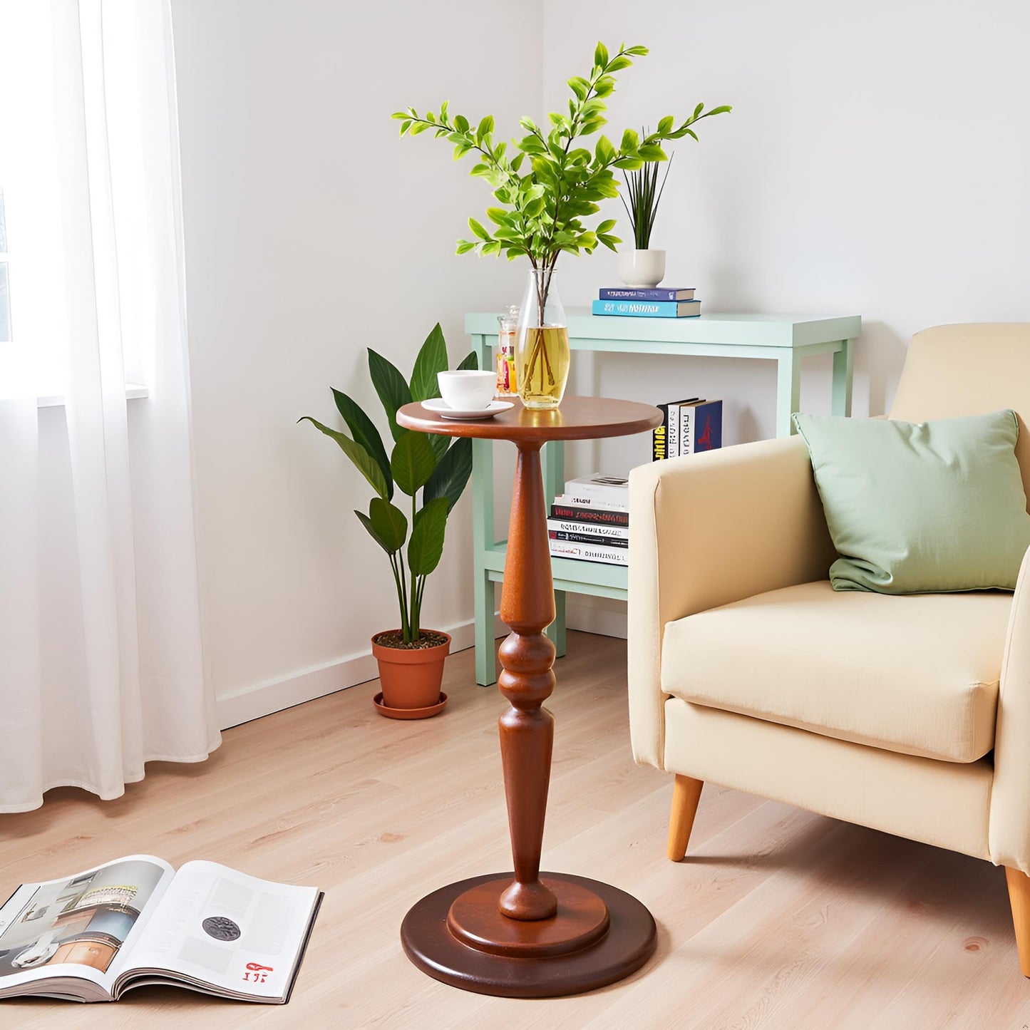 SwallowLiving Round Pedestal Side Table – Solid Pine Wood Drink Table for Small Spaces, 25" Tall Narrow End Table for Living Room & Bedroom, Vintage Brown Accent Furniture (12" Diameter)