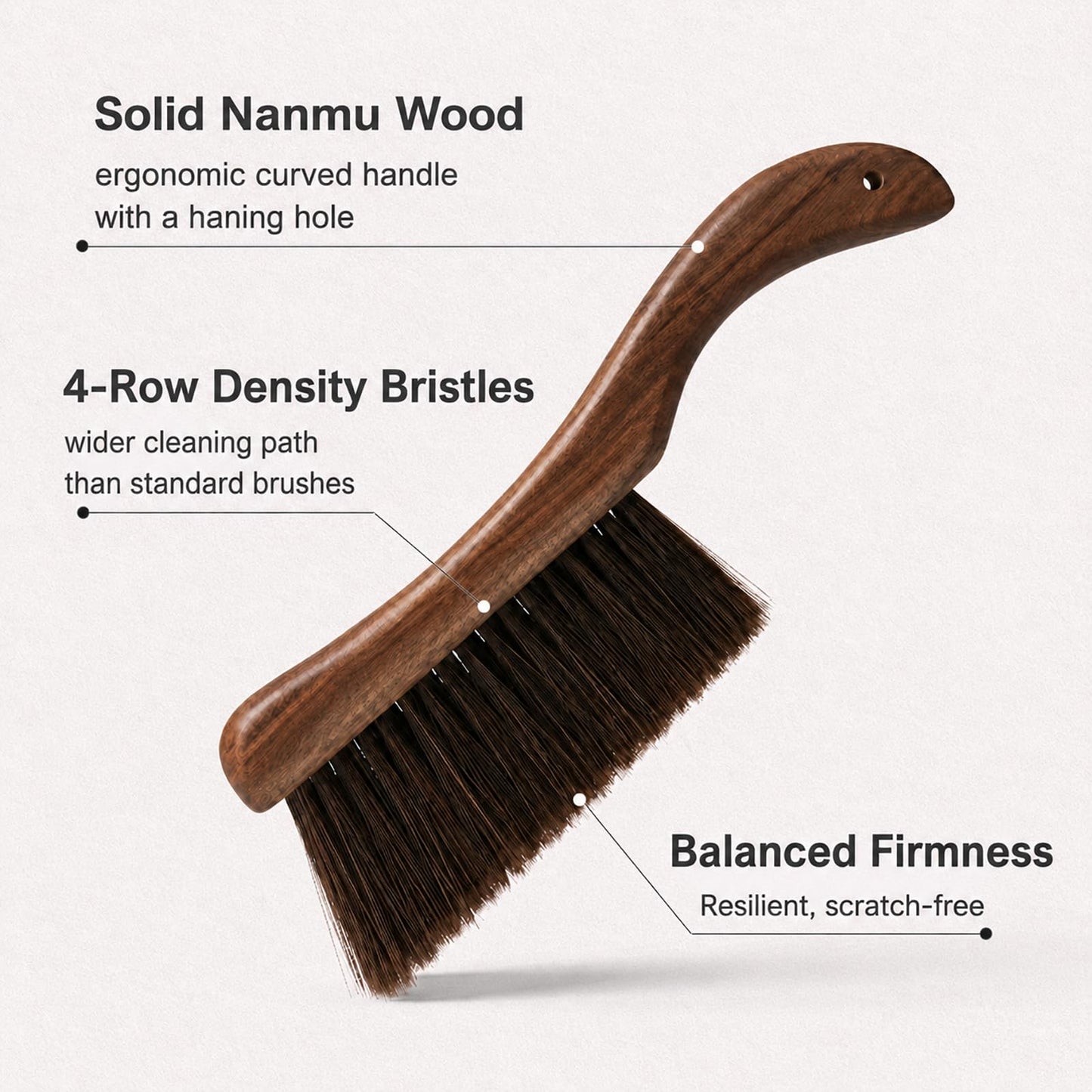 Hand Broom Dust Brush, Curved Wooden Bench Brush with Balanced Firmness Bristles for Couch, Bed, Car & Desk, Foxtail Brush & Crumb Sweeper with Drawstring Bag, Lanyard & Hook