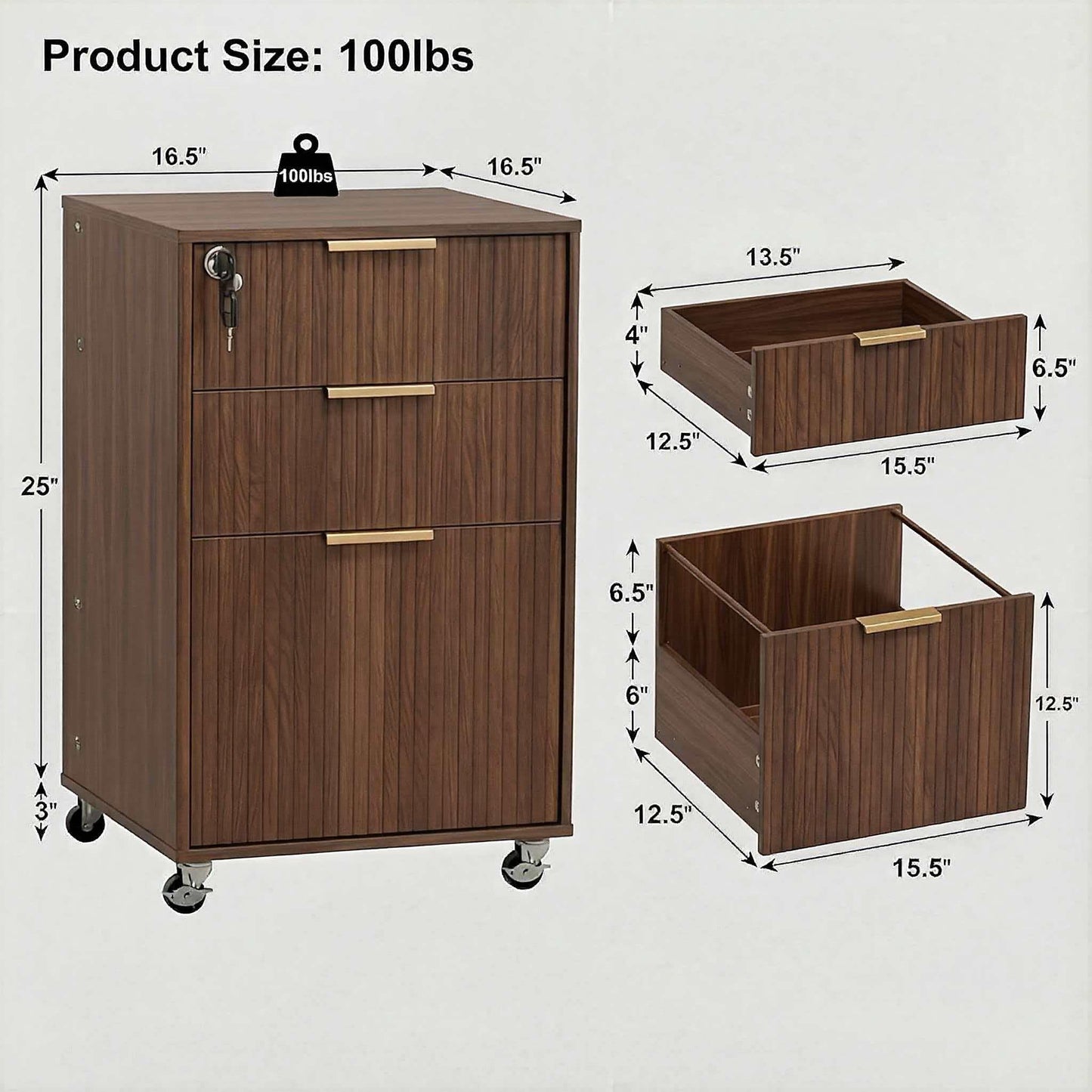 3 Drawers Fluted Mobile File Cabinet with Lock, Rolling File Cabinet Printer Stand Table, Under Desk Wooden Filing Cabinets for Home Office Essentials Storage Organization Furniture Letters/A4(Walnut)
