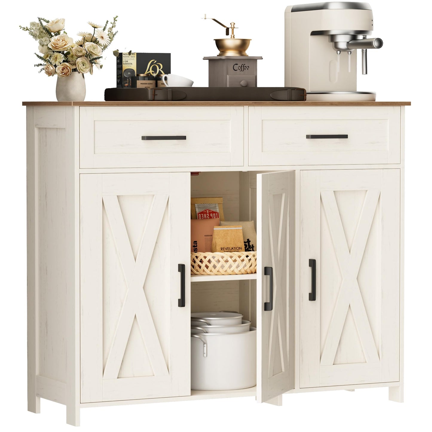 Homhedy Sideboard Buffet Cabinet, Coffee Bar Storage Cabinet with Drawers and Doors, Farmhouse Kitchen Cabinet with Adjustable Shelves, for Kitchen, Dining Room, Living Room, Rustic White and Brown