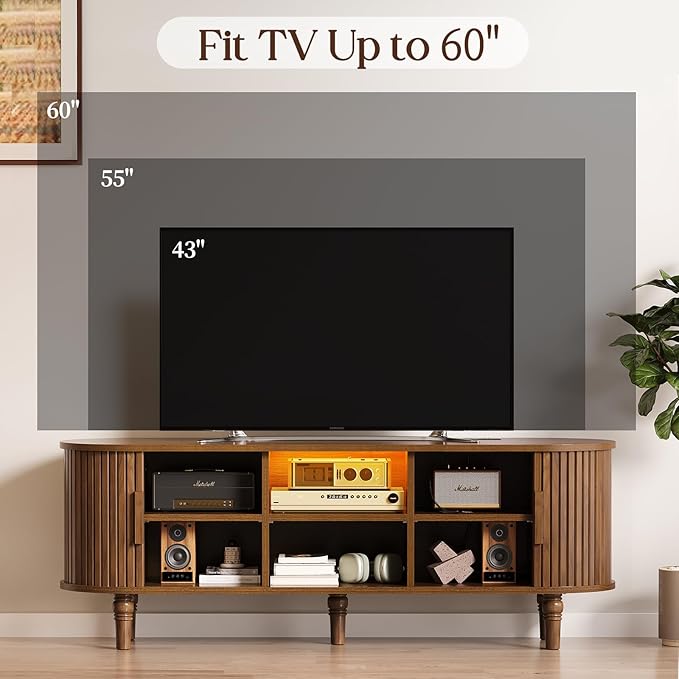 TV Console with Power Outlet-55 Entertainment Center with Sliding Tambour Door