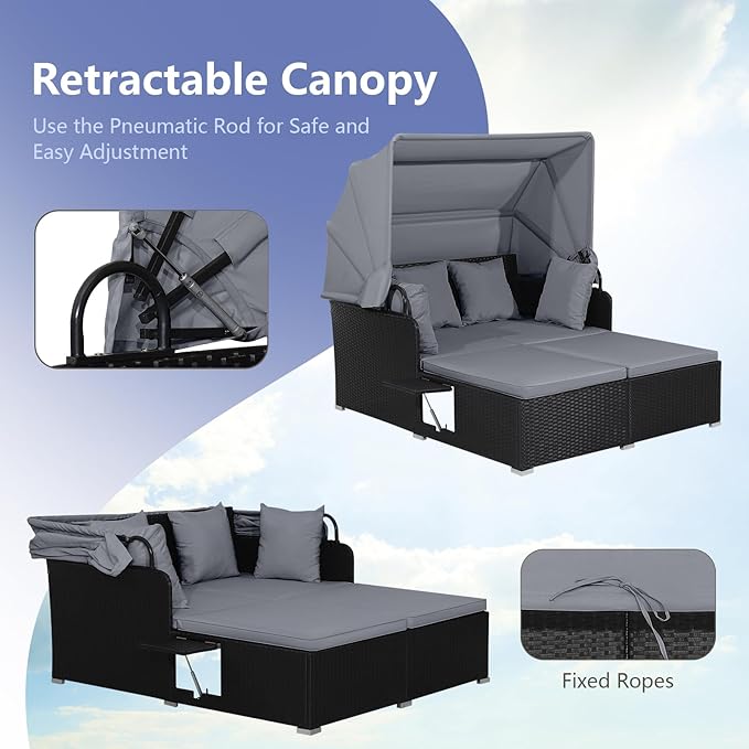 COSTWAY Outdoor Daybed with Retractable Canopy, Wicker Patio Furniture Set with