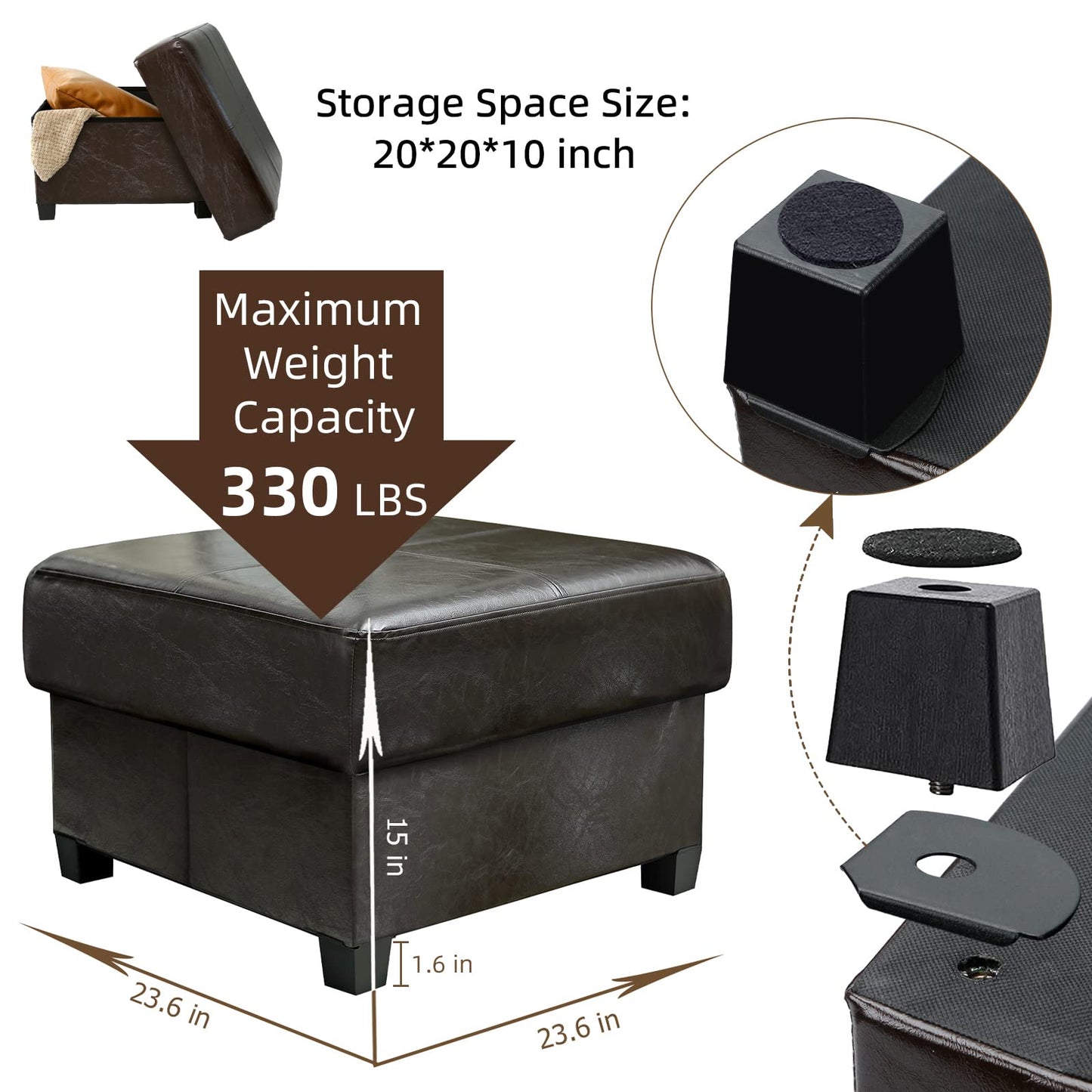 GLAXYFUR Folding Storage Bench, Cube PU Leather Footstool with Legs, Coffee Table, Ottoman with Storage for Living Room, 23.6 x 23.6 x15 Inches, Black