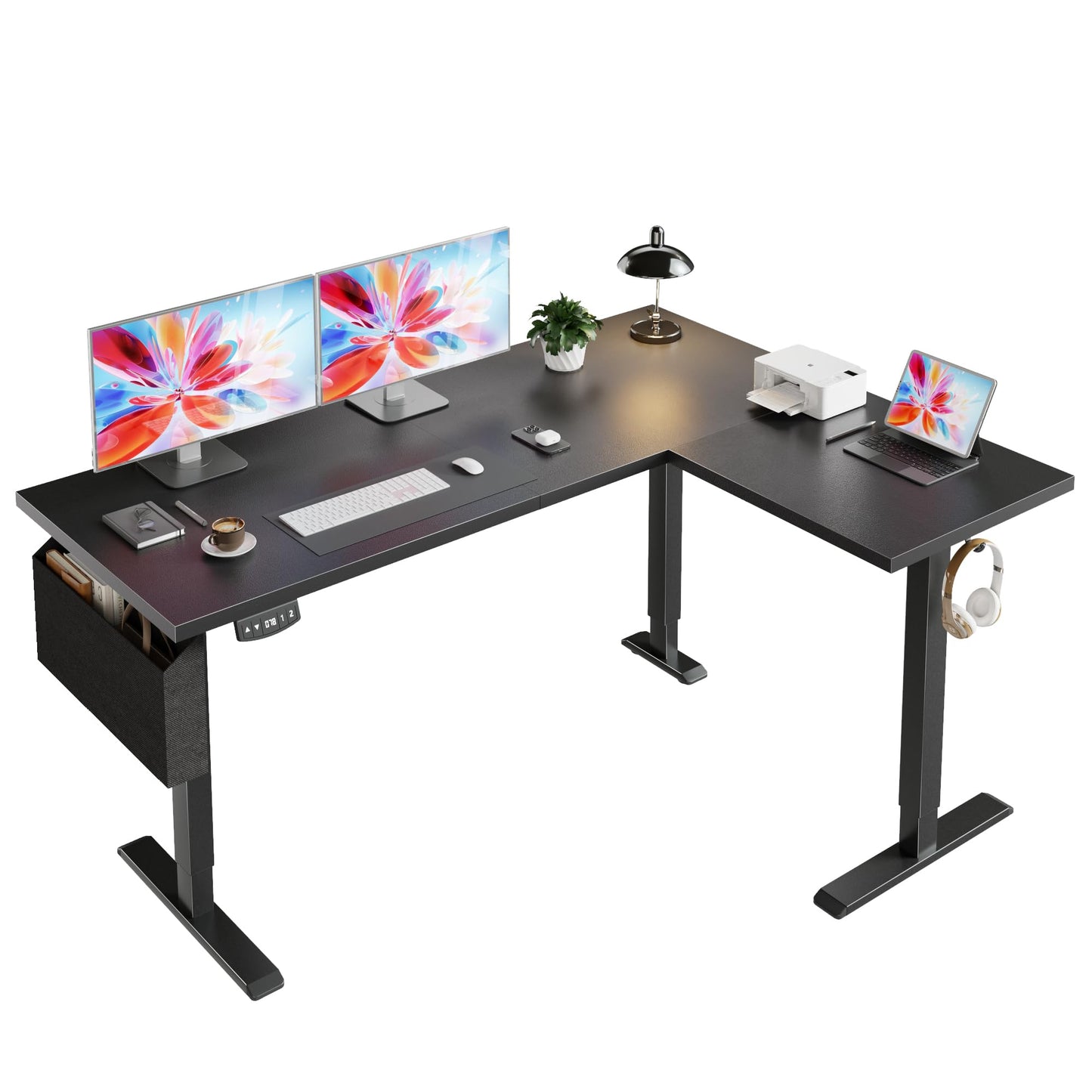 Korfile 63” L Shaped Electric Standing Desk, Height Adjustable Computer Desk with LED Screen & Memory Presets, Ergonomic Sit to Stand Desk with Headphone Hook for Home, Office and Workstation, Black