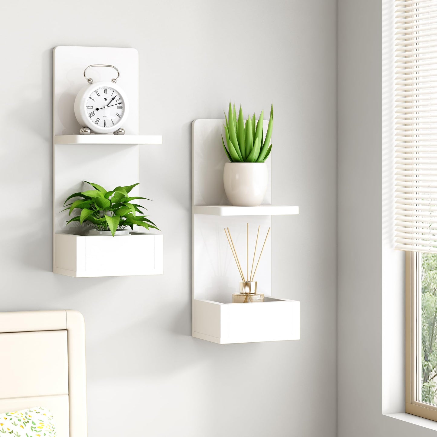 POCURBAN 2-Tier White Floating Wall Shelf, 20x8x6 Wall-Mounted Wooden Beside Shelf/Nightstand for Home Décor, Plants, Cosmetics, Bathroom, Kitchen, Bedroom Storage (White with Box)