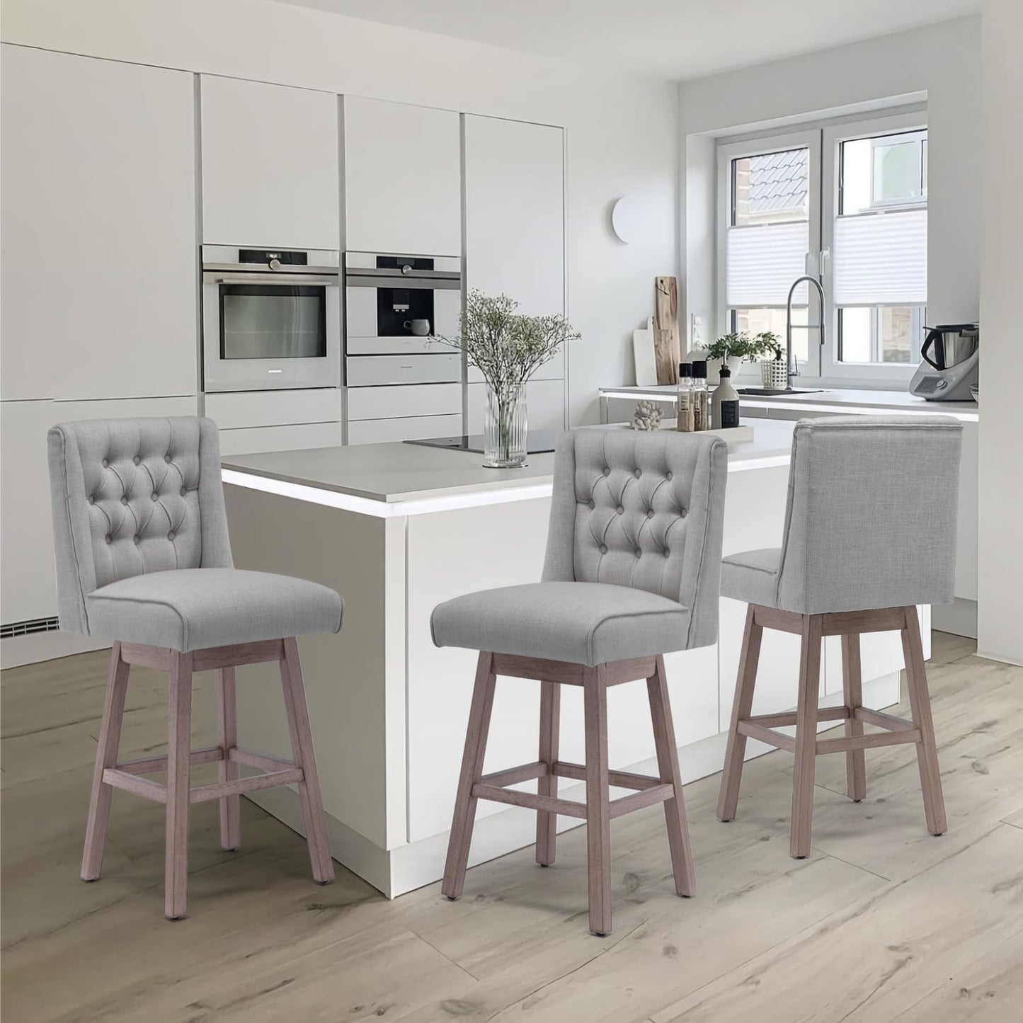 UDAX 26" Swivel Bar Stools Set of 4, Counter Height Barstools with Back, Linen Fabric Upholstered Bar Stools, Modern Barstools Wood Legs for Kitchen Island Dining Room Bar