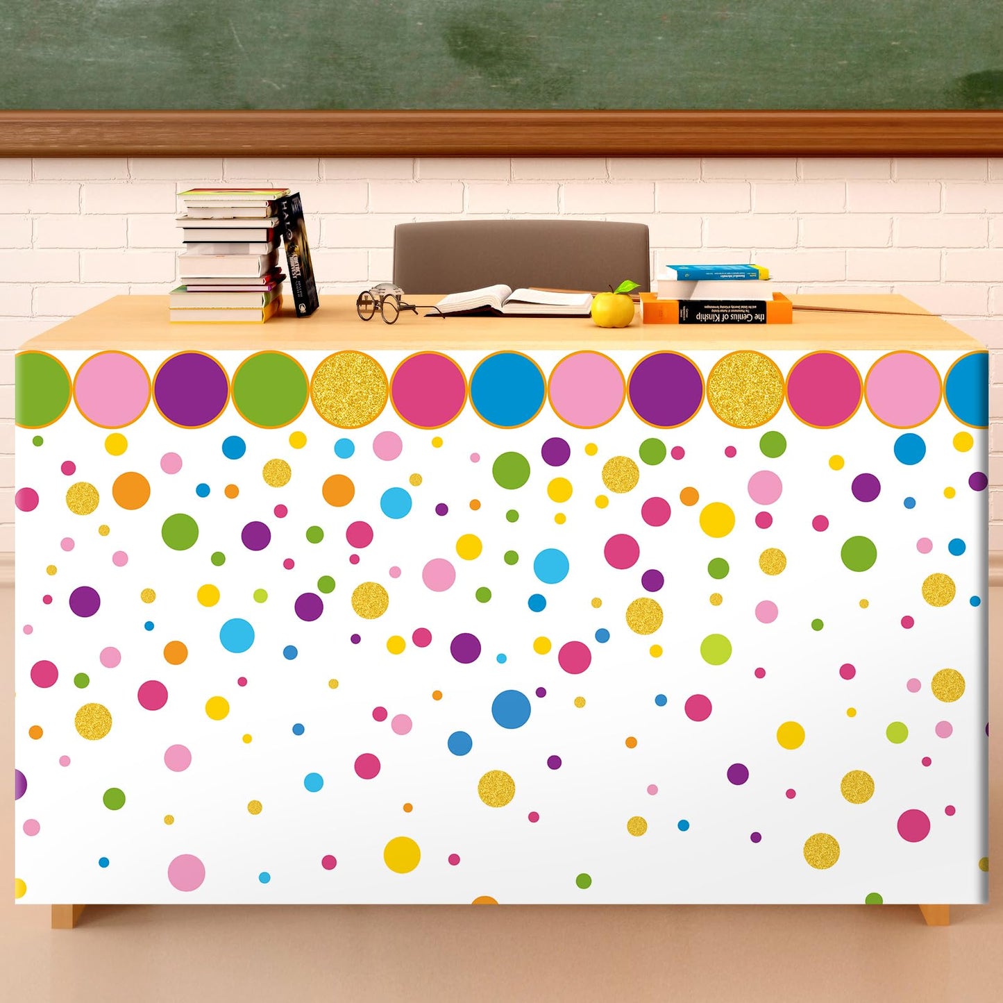 6FT Confetti Polka Dots Table Skirt Teacher Desk Skirt Classroom Table Cover for Back to School Decor Classroom Tables Cloths for First Day of School Supplies Office Bookcase Cabinet Decorations