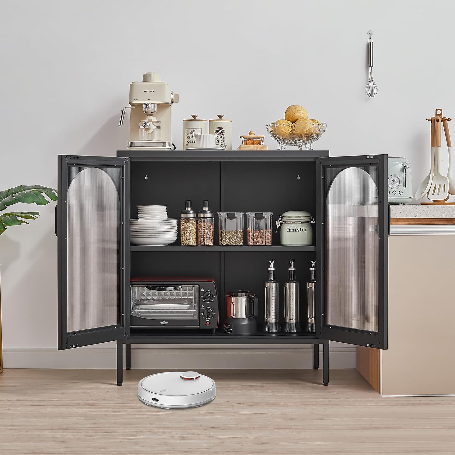 FURSTEL Buffet Cabinet, Modern Industrial Style Sideboard Buffet Cabinet, with Adjustable Shelves Credenza for Living Kitchen Dining Farmhouse, 15.8" L x 27.6" W x 35" H Black