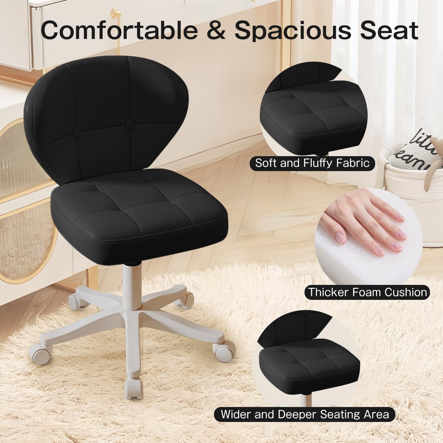 Walktory Vanity Chair with Back – Small Armless Office Chair with Wheels, Lumbar Support, PU Leather, Adjustable Height, 360° Swivel for Home, Bedroom, Office Black Set of 1