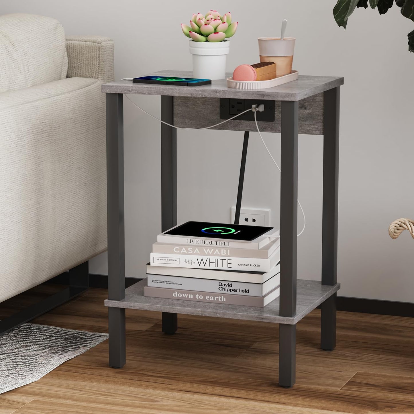 VIMBER Side Table with Charging Station, Set of 2 End Tables with USB Port and Outlets, Nightstands with 2-Tier Storage Shelves, Sofa Table for Small Space, Living Room, Bedroom, Grey 102H2