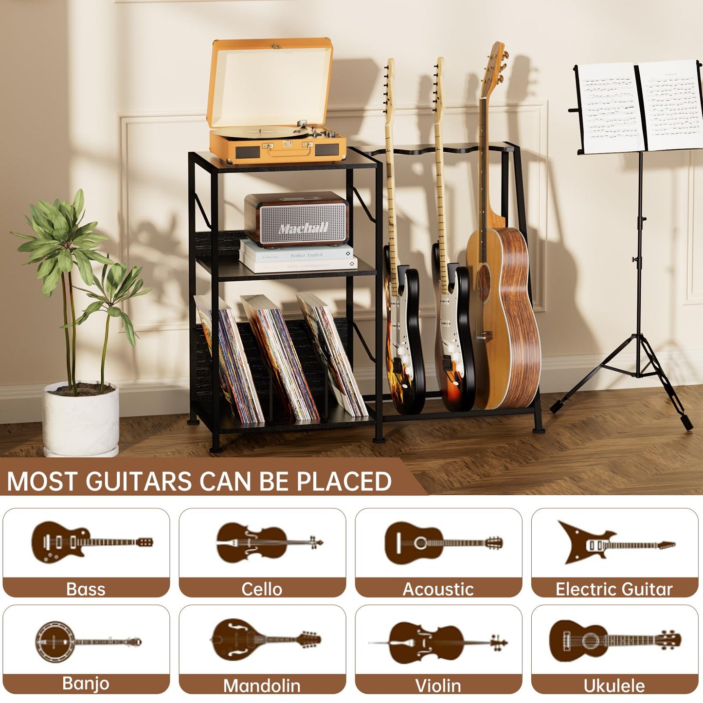 Hosfais Record Player Stand, 3 Tier Guitar Stand for Acoustic, Electric Guitar, Bass Stand, Vinyl Record Storage Up to 200 Albums, Brown Records Shelf for Living Room Bedroom (Black)