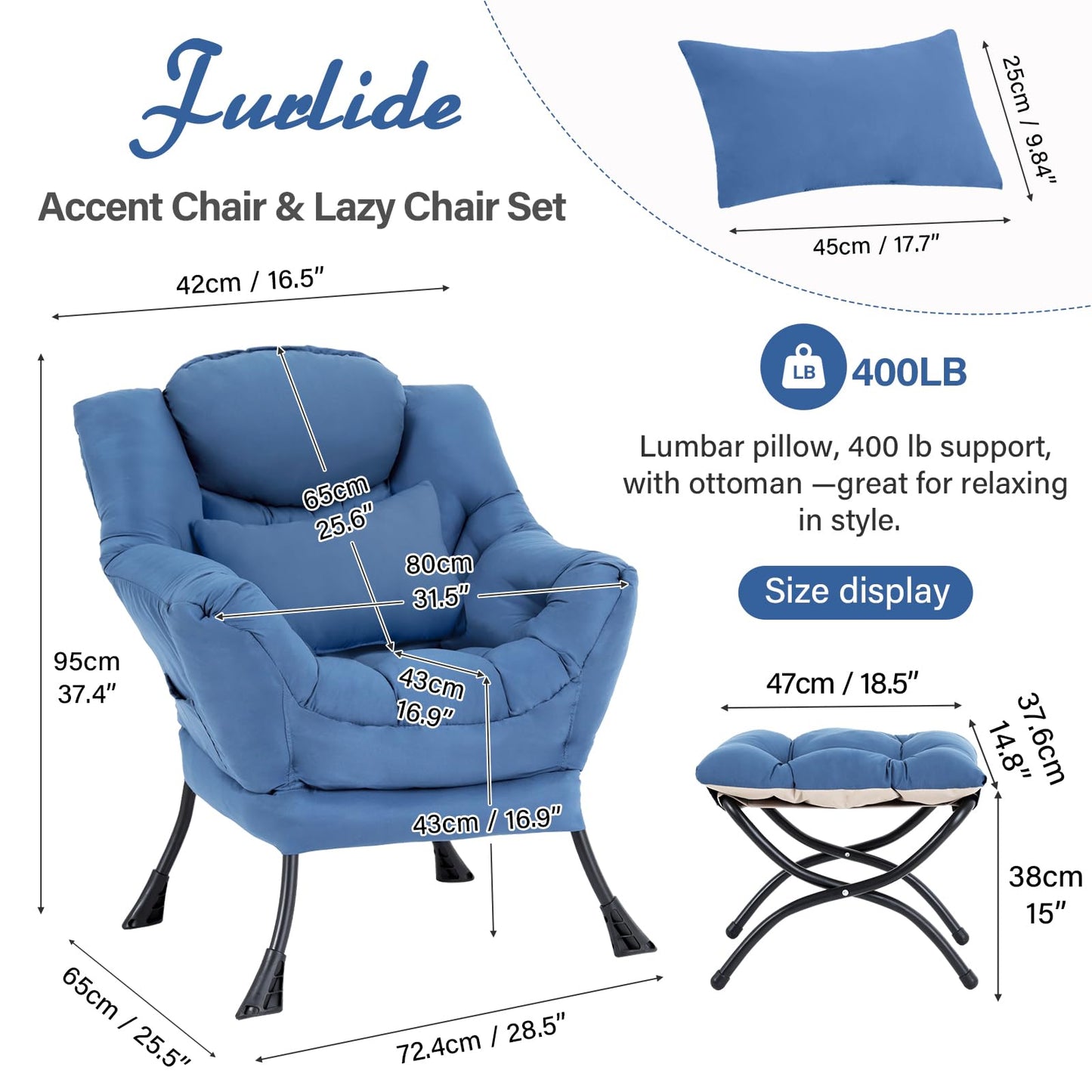 Furlide Lazy Chair with Ottoman, Modern Lounge Chair with Lumbar Pillow, Accent Cozy Reading Armchair and Folding Footstool for Bedroom, Dorm, Living Room,Peacock Blue