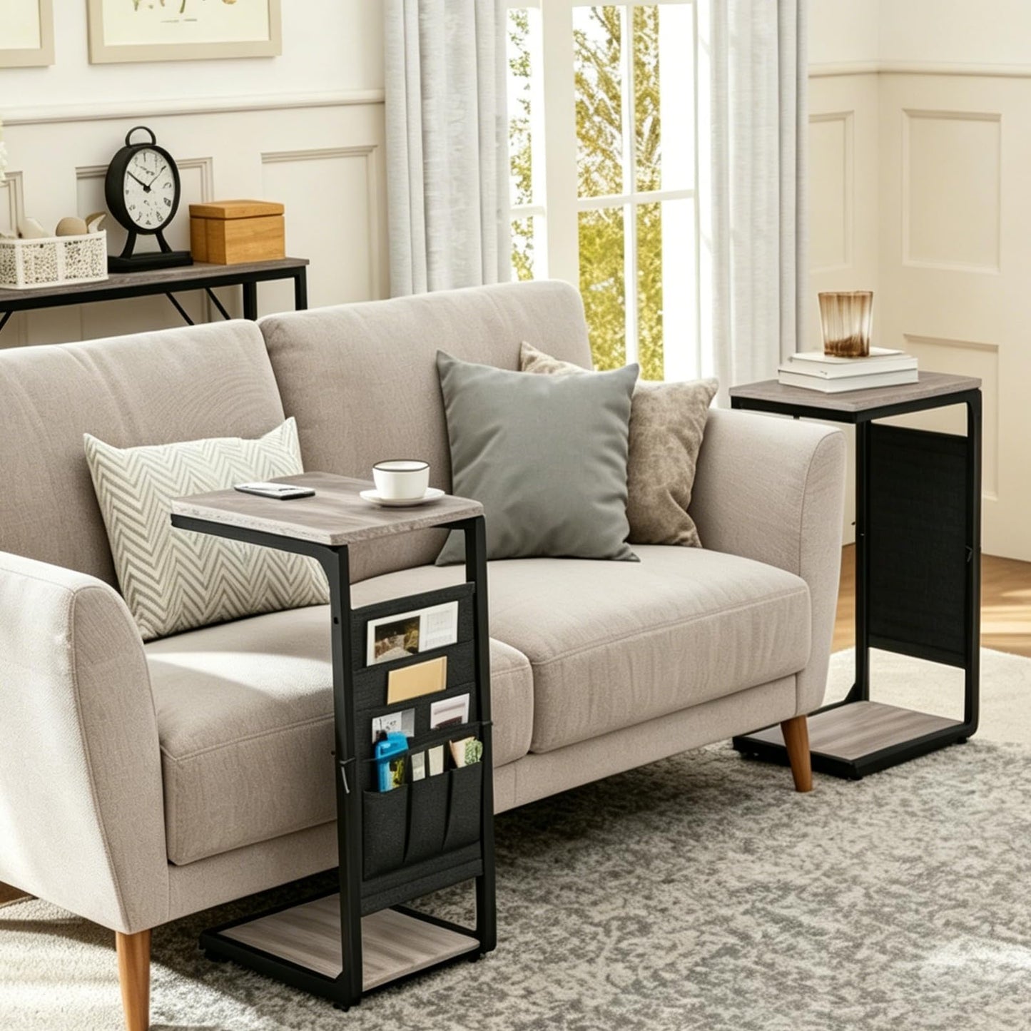 Wood Pedestal Couch End Tables Set of 2, TV Trays for Eating on Couch Tables that Slide Under, Dinner Snack Coffee Sofa C Shaped Side Table, Small Stand TV Tray for Couches Living Room, Grey ET-P-GY2
