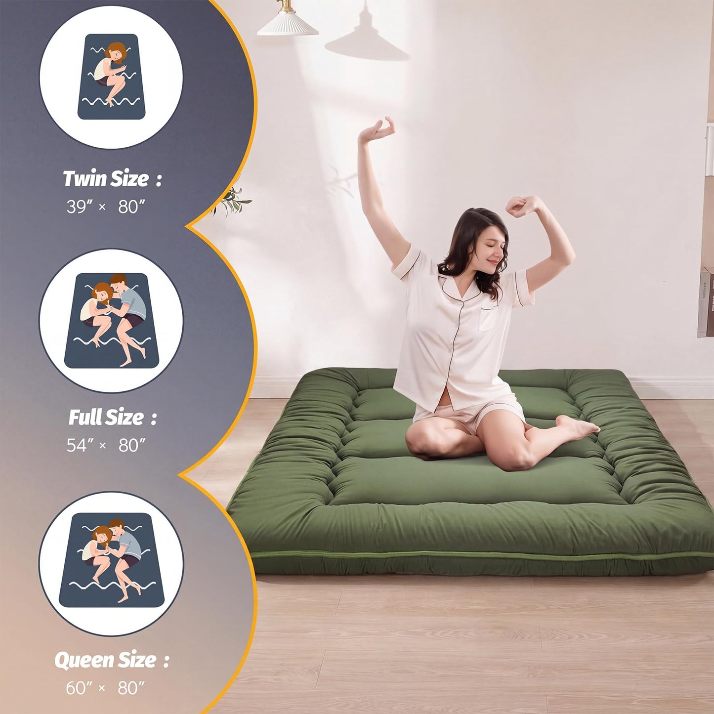 MAXYOYO 6" Extra Thick Japanese Floor Mattress Futon Mattress, Foldable Tatami Pad for Adults, Roll Up Floor Mat for Living Room Guest Room RV, Green, Twin