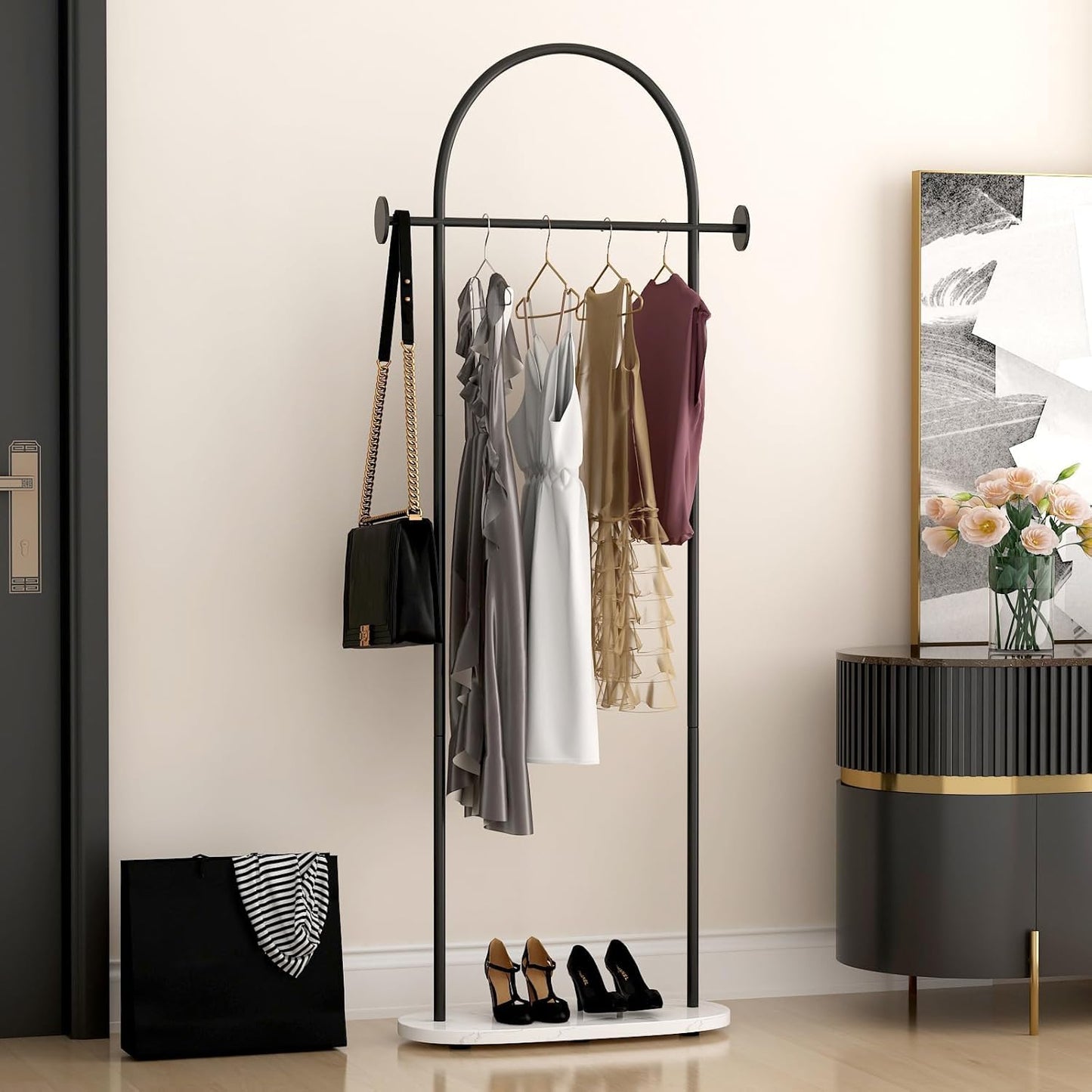 KADIGANG Black Clothing Racks, Modern Industrial Clothes Rack with Shelf, Heavy Duty Freestanding Coat Rack, Metal Coat Hanger Stand with Hooks for Boutique Office