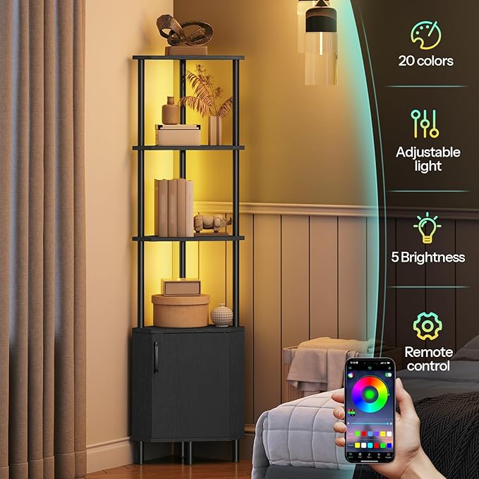 HOOBRO Corner Cabinet with LED Light, Corner Shelf Stand with Storage and Doors