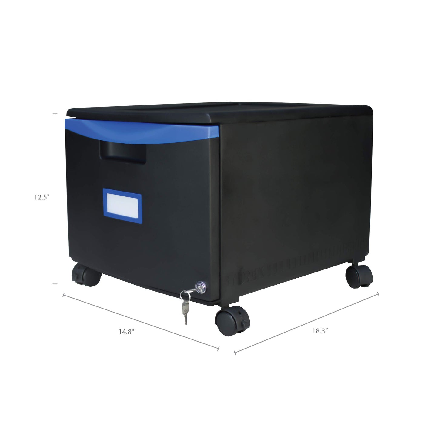 Storex Plastic One-Drawer File Cabinet – Locking Document Organizer with Casters for Home and Office, Black/Blue, 1-Pack (61269A01C)