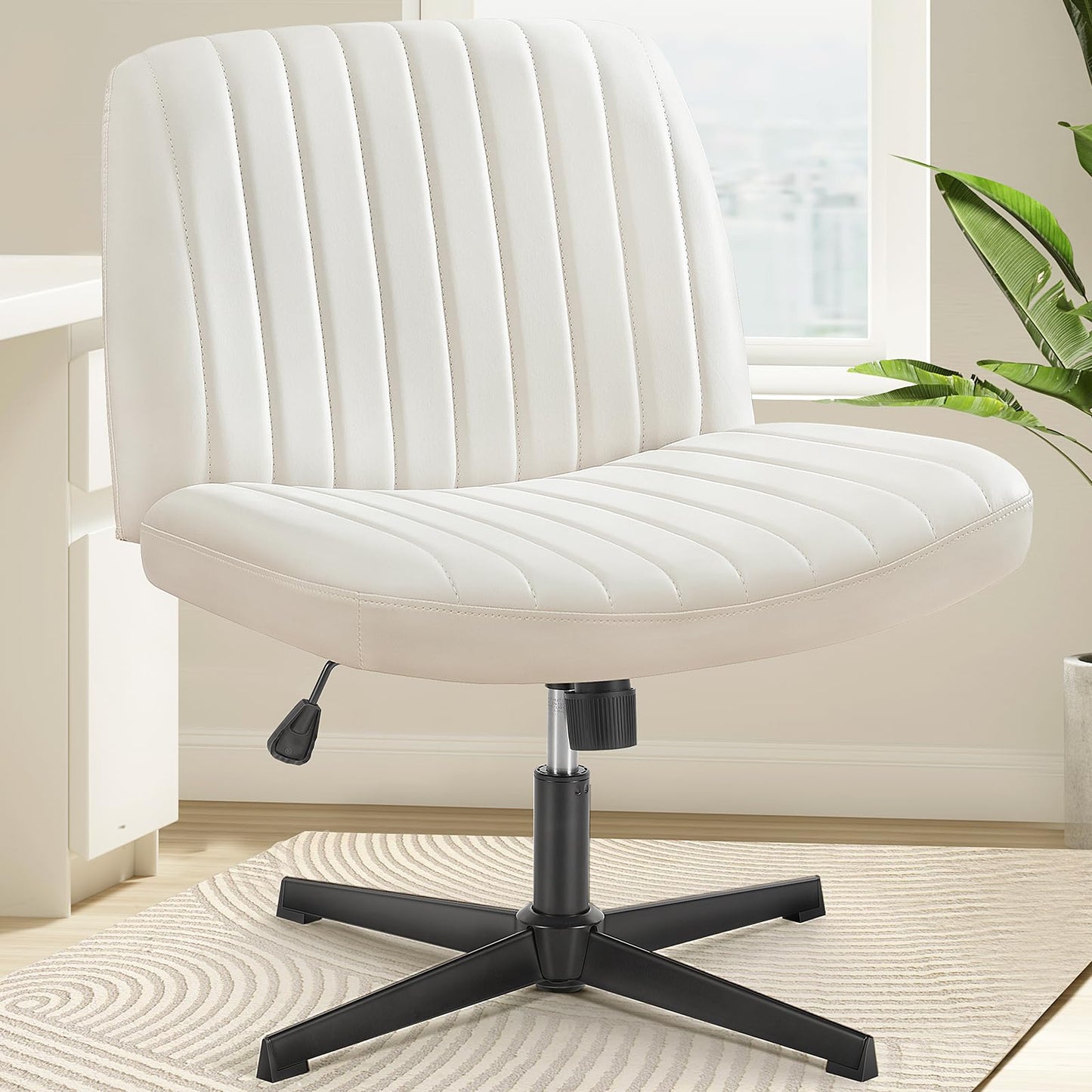 OLIXIS Criss Cross Legged Chairs Armless No Wheels Wide Seat Height Adjustable Swivel Padded PU Leather Home Office Desk Chair for Bedroom, Student, Study Room,Beige