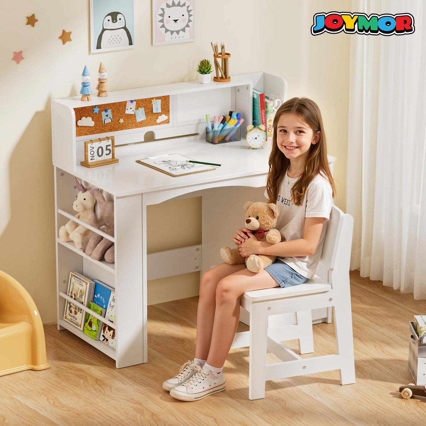 JOYMOR Kids Desk and Chair Set with Bookshelf, Kids Study Desk with Chair with Storage Cabinet, Student Writing Table for Study & Crafts, Student Computer Workstation for 5-12 Years Old, White