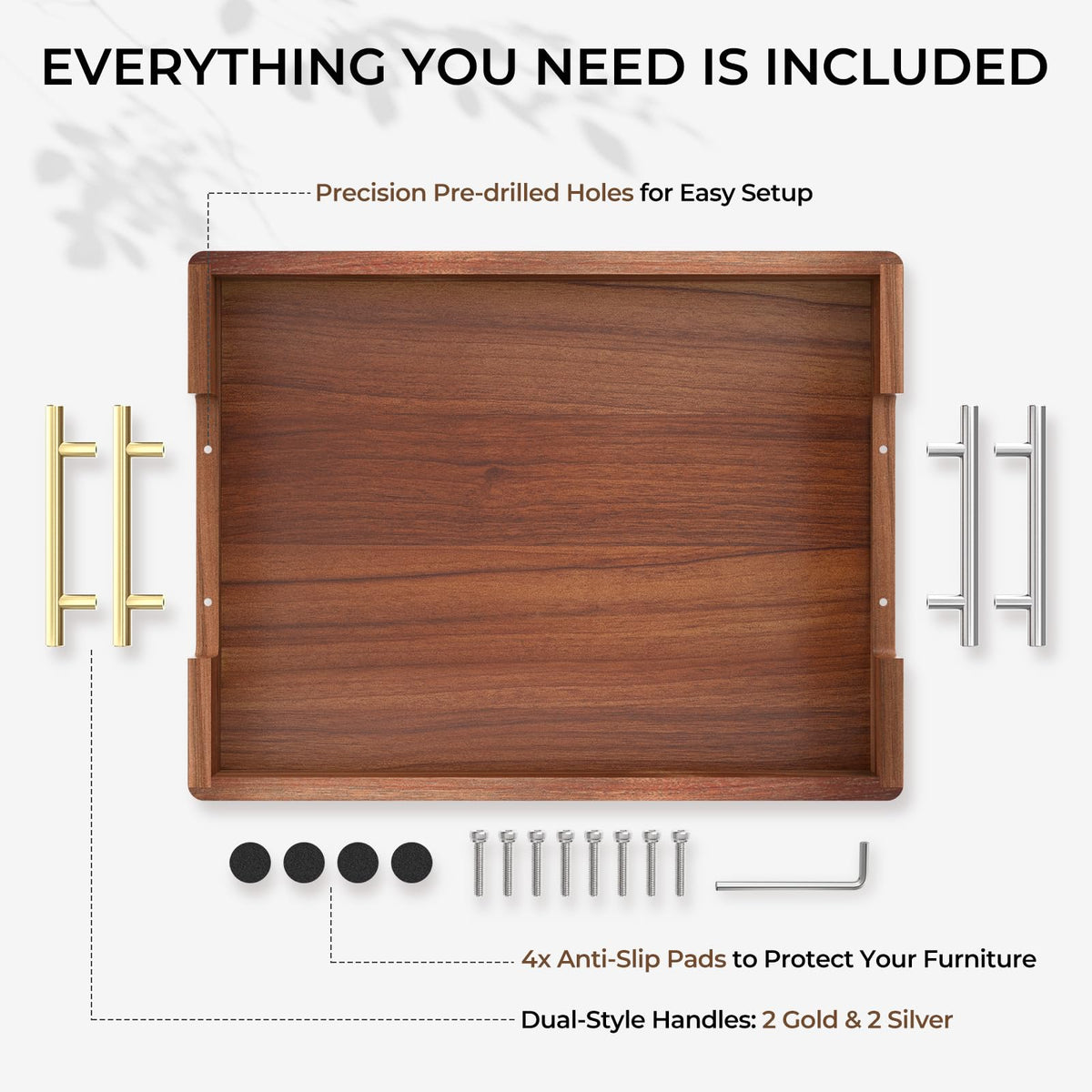 ZENPTIA Acacia Wood Serving Tray with 2 Sets of Handles (Gold & Silver) - 17" Large Wooden Tray for Ottoman Coffee Table, Decorative Tray for Living Room & Kitchen - Solid Wood Table Topper