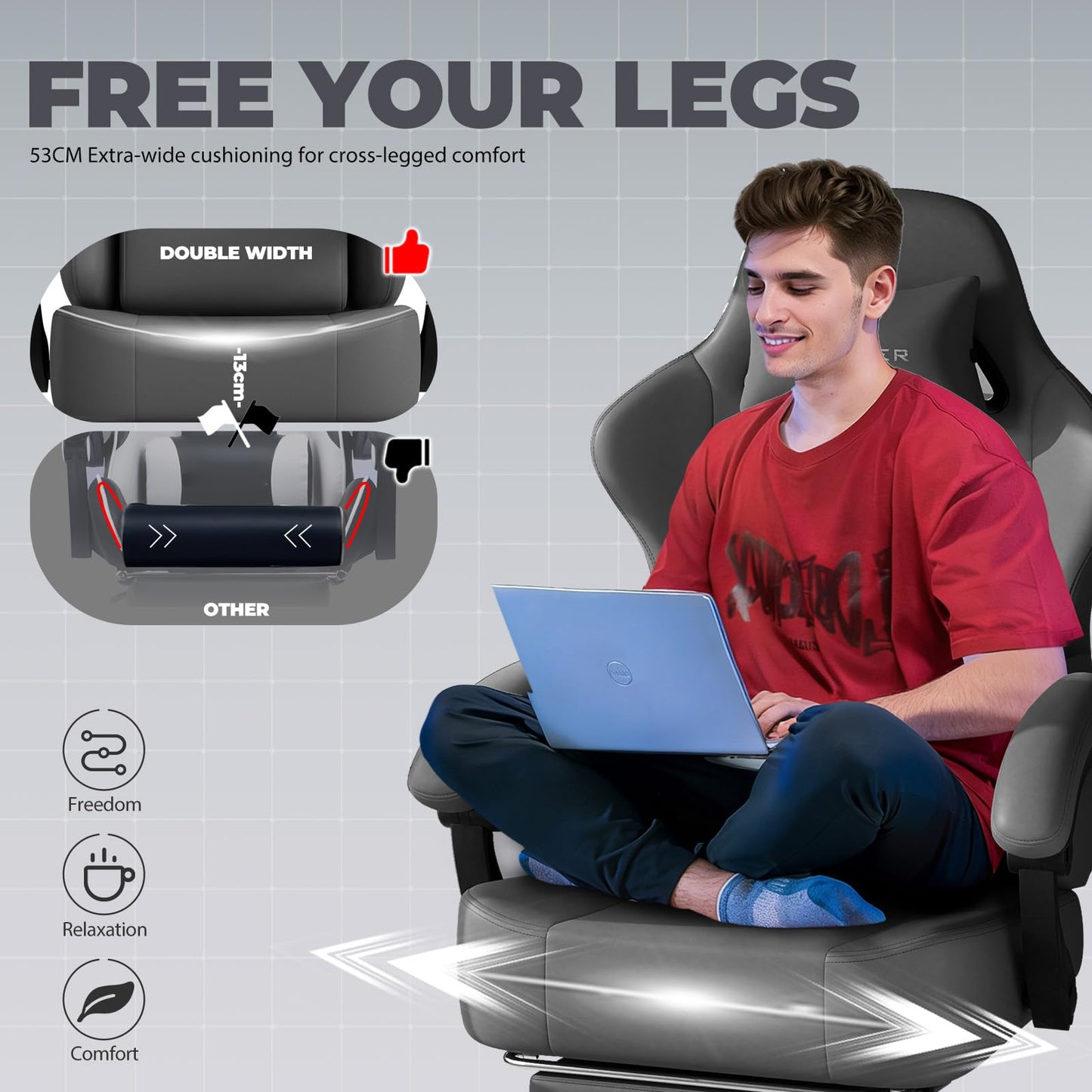 GTPLAYER Gaming Chair with Pocket Spring Cushion, Big and Tall Gamings Chairs 350LBS High Back Computer Chair with Footrest for Adults Lumbar Support Swivel Game Chair for Office, Leather Grey