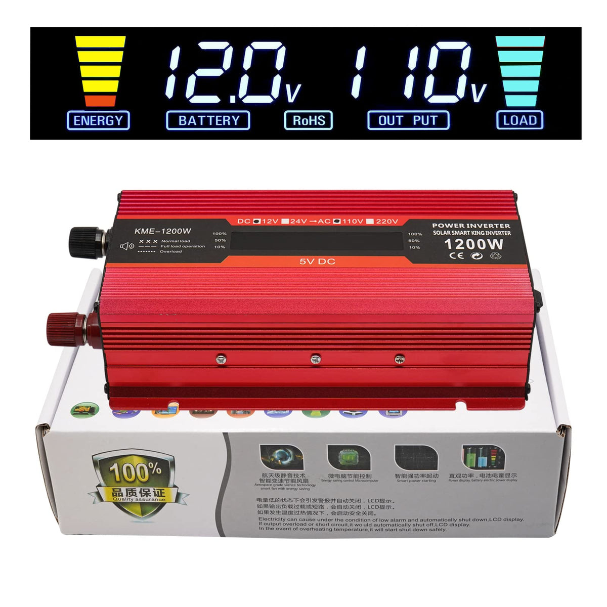 1200W Car Power Inverter DC 12V to 110V AC Converter 1200W Inverter Power Inverters with LCD Display and AC Outlets 2A USB Charging Port
