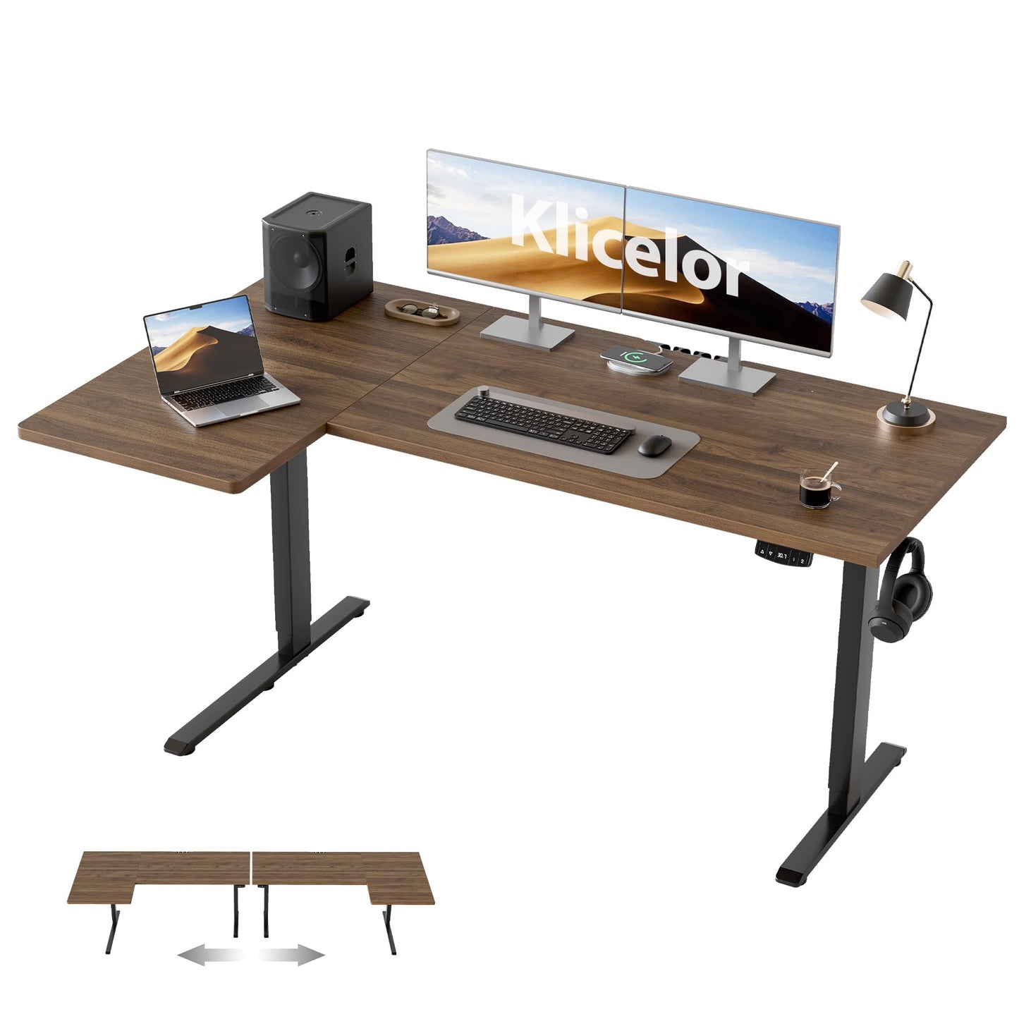 Klicelor L Shaped Standing Desk, 55 Inch Electric Height Adjustable Desk with Memory Preset, Reversible Sit Stand Up Computer Workstation for Home Office, Splice Board, Dark Walnut