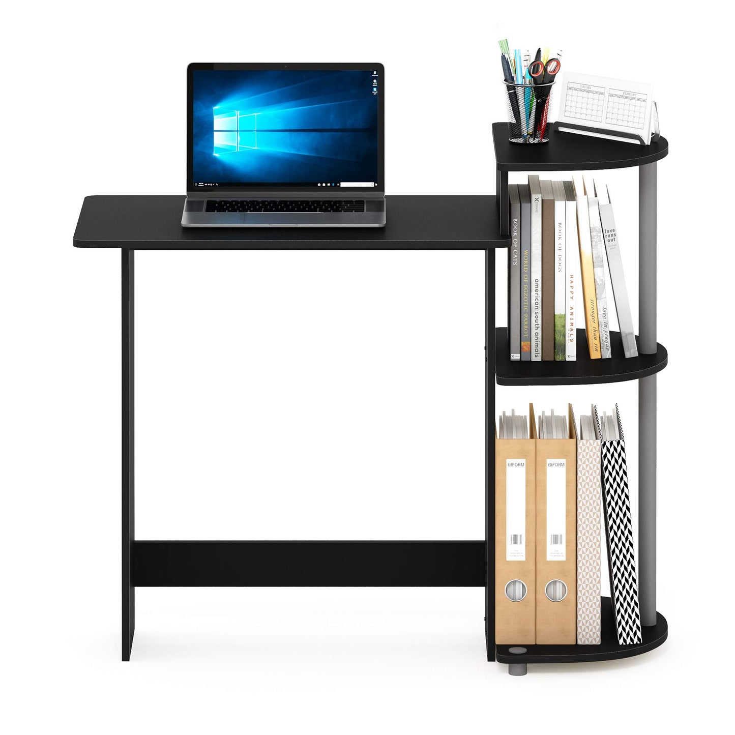 Furinno Compact 29-Inch Black Computer Desk, Gaming Desk with Shelves, Office Desk with Book Shelf, for Home Office, Study Room, Dorm, Bedroom, Black