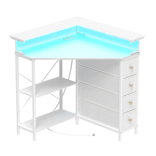 VENNQD Corner Desk with Drawers Shelves for Small Space 90 Degrees Triangle Computer Desk with Power Outlets,Gaming Desk with LED Lights Monitor Stand for Home Office Workstation Writing Table (White)