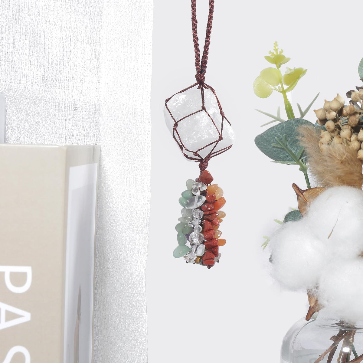 Loveliome Raw Crystal Car Hanging Ornament, Natural Rough Semi-Precious Stone with 7 Chakra Chips, Handmade Wall Decor for Bedroom Yoga Room Daily Decoration, Rock Quartz