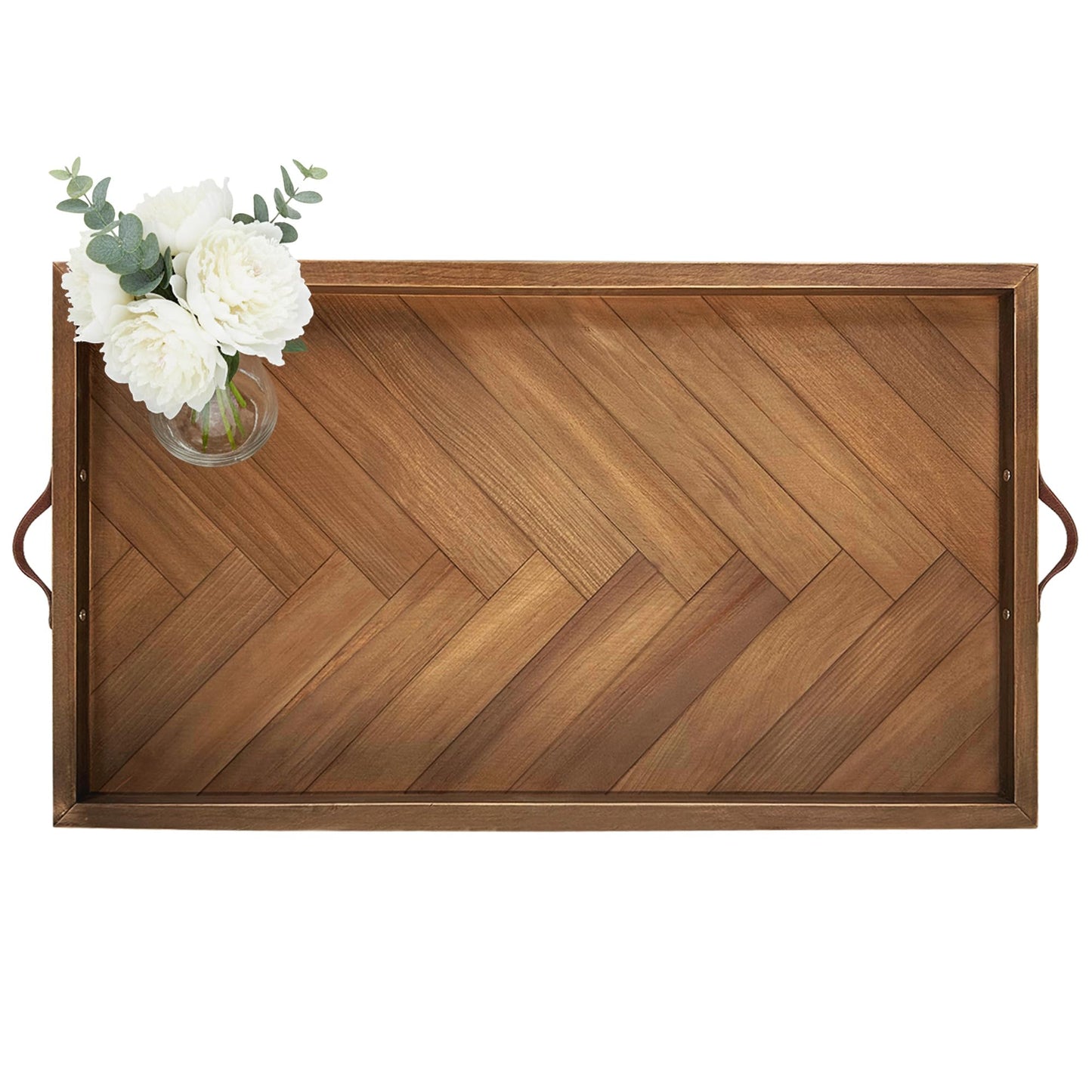 Extra Large Ottoman Tray Rectangle, 32.5"x18.5" Wooden Ottoman Trays with Leather Handles, Rustic Decorative Storage Tray for Ottoman